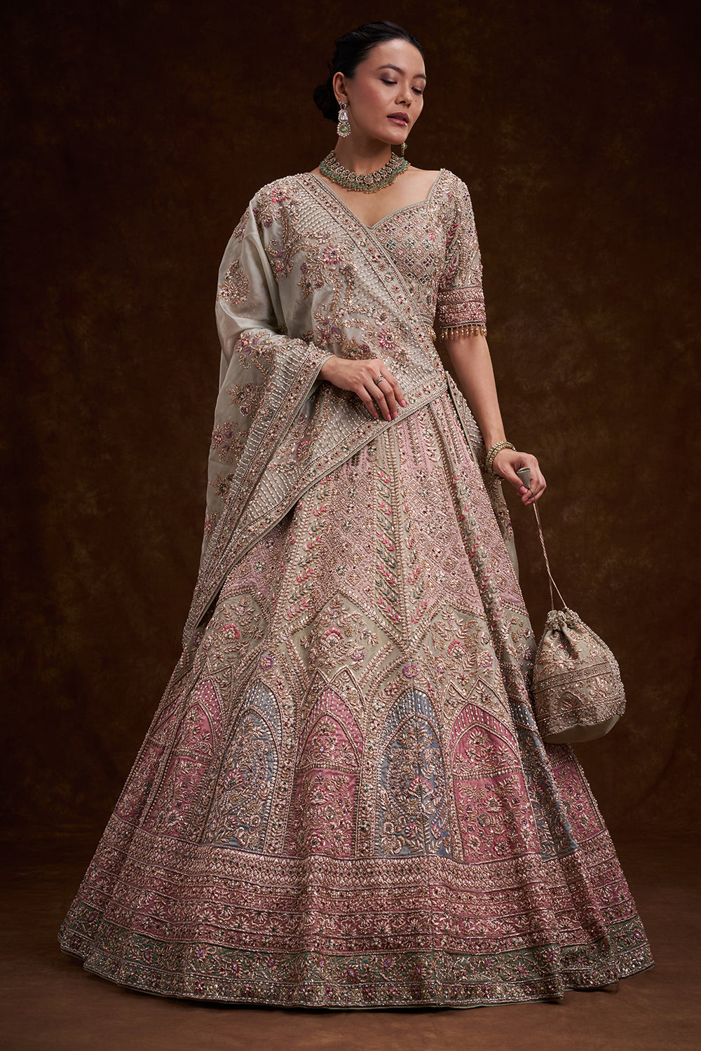 Grey Tissue Silk Bridal Lehenga with French Knots and Resham Work