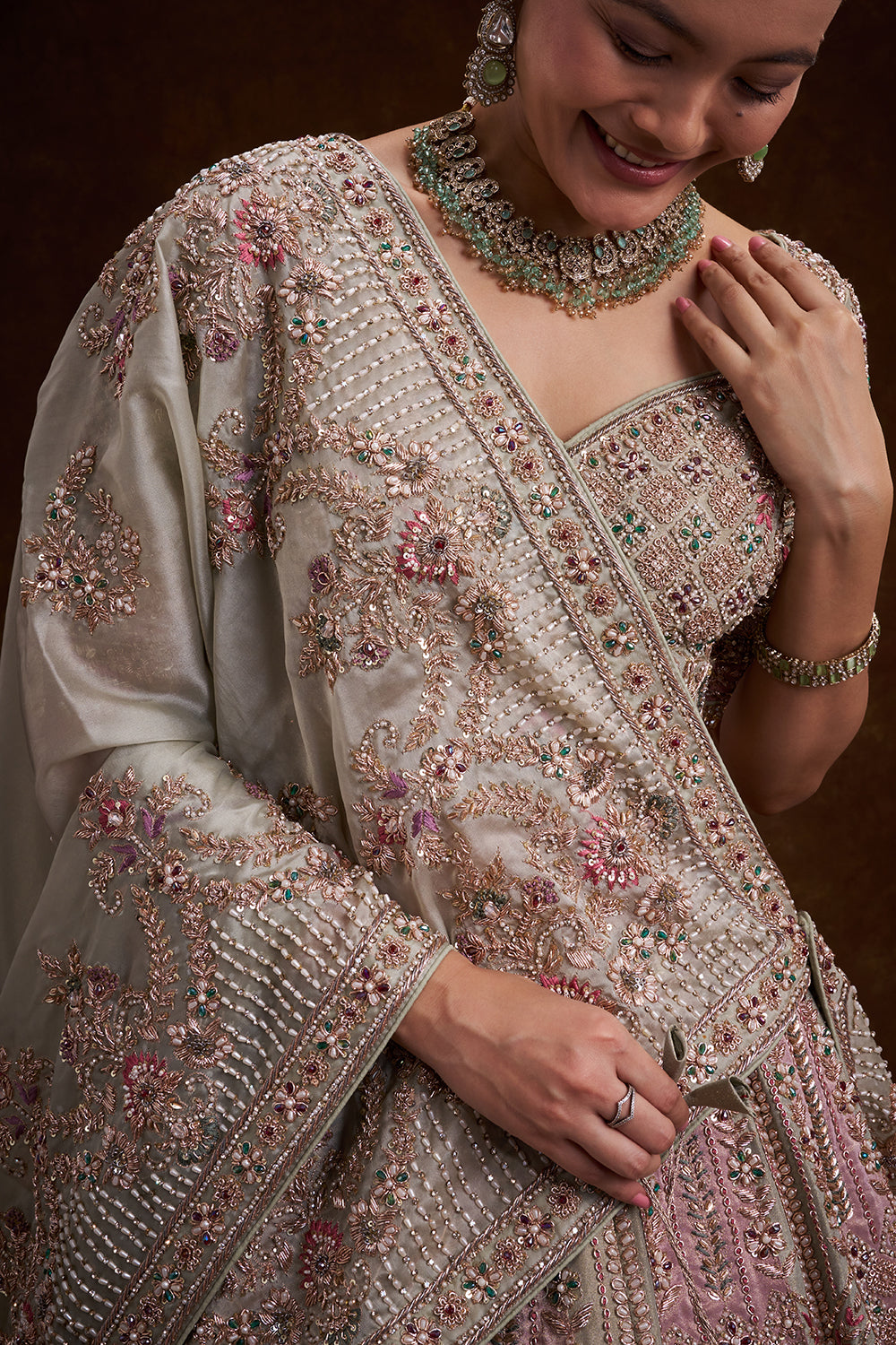 Grey Tissue Silk Bridal Lehenga with French Knots and Resham Work