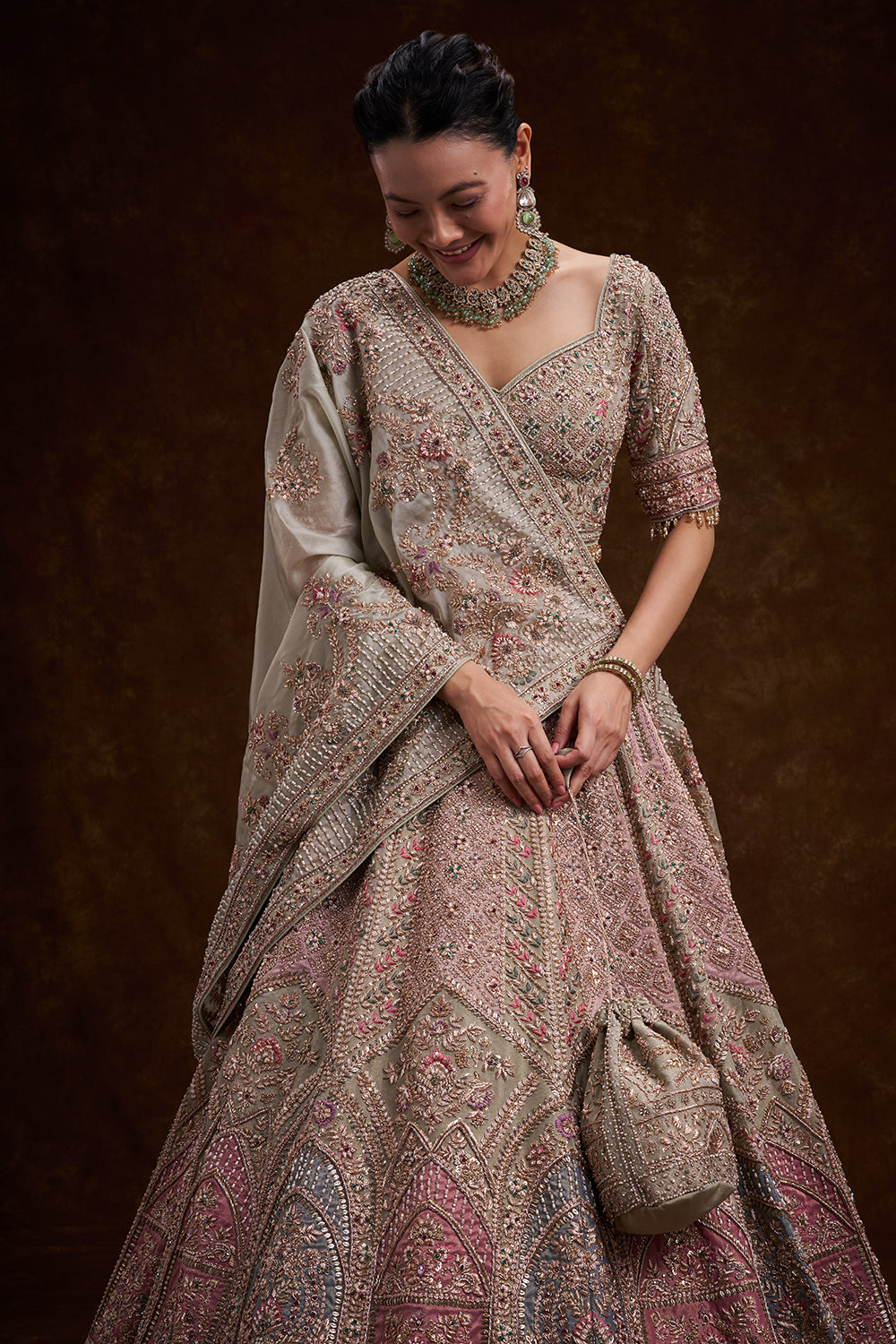Grey Tissue Silk Bridal Lehenga with French Knots and Resham Work