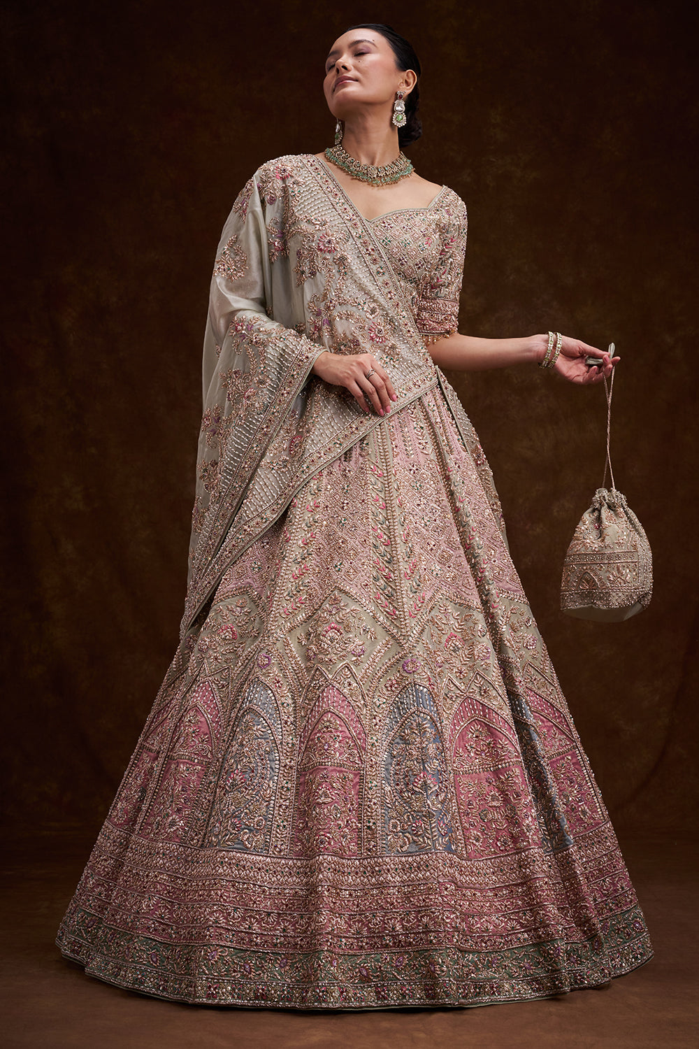 Grey Tissue Silk Bridal Lehenga with French Knots and Resham Work