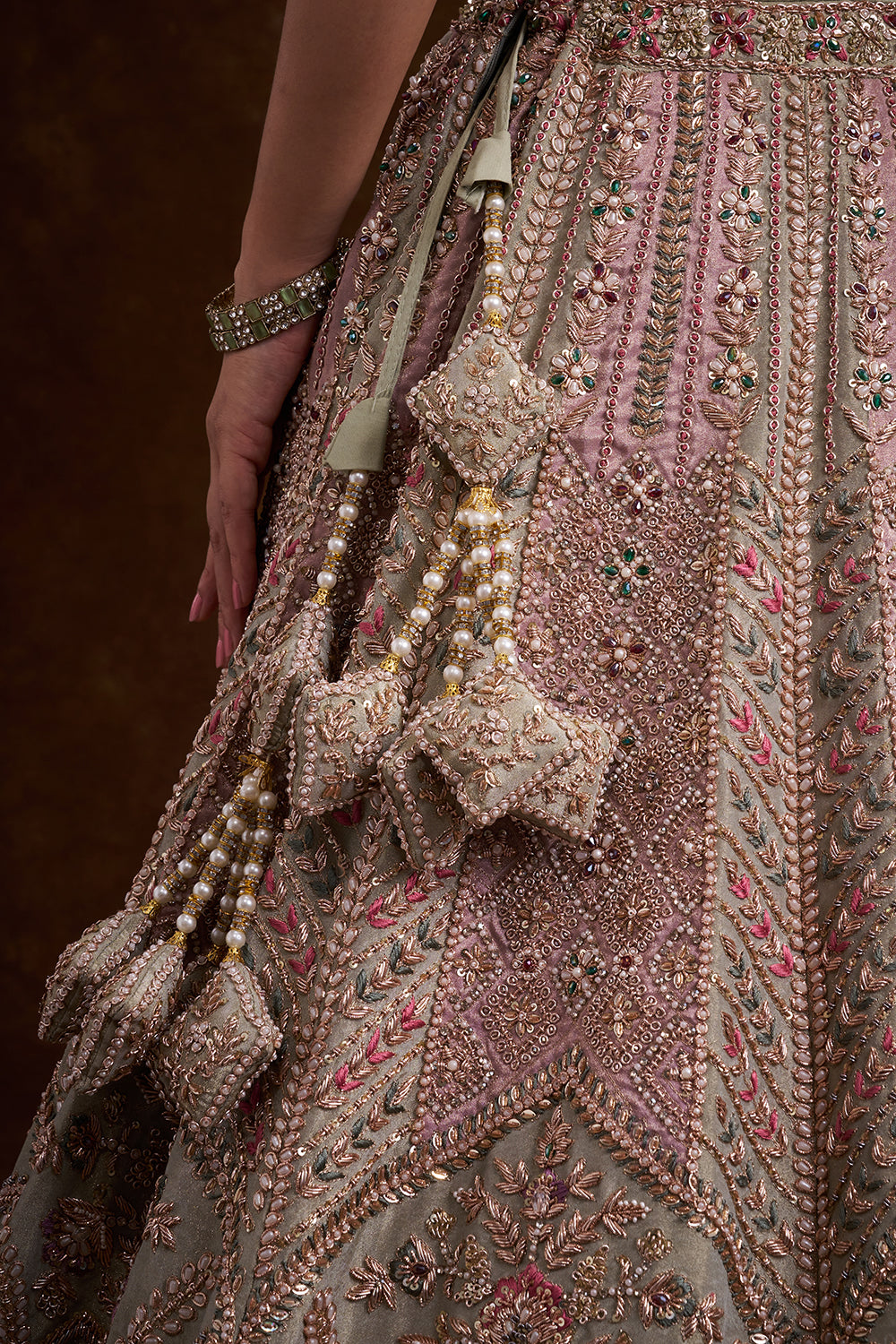 Grey Tissue Silk Bridal Lehenga with French Knots and Resham Work