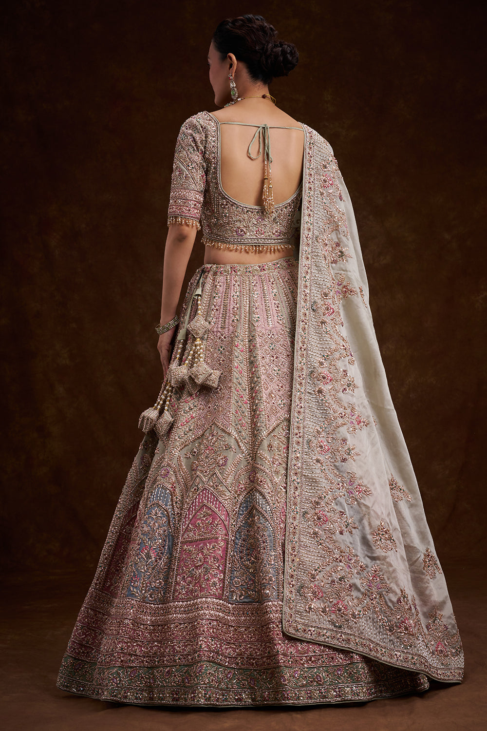 Grey Tissue Silk Bridal Lehenga with French Knots and Resham Work