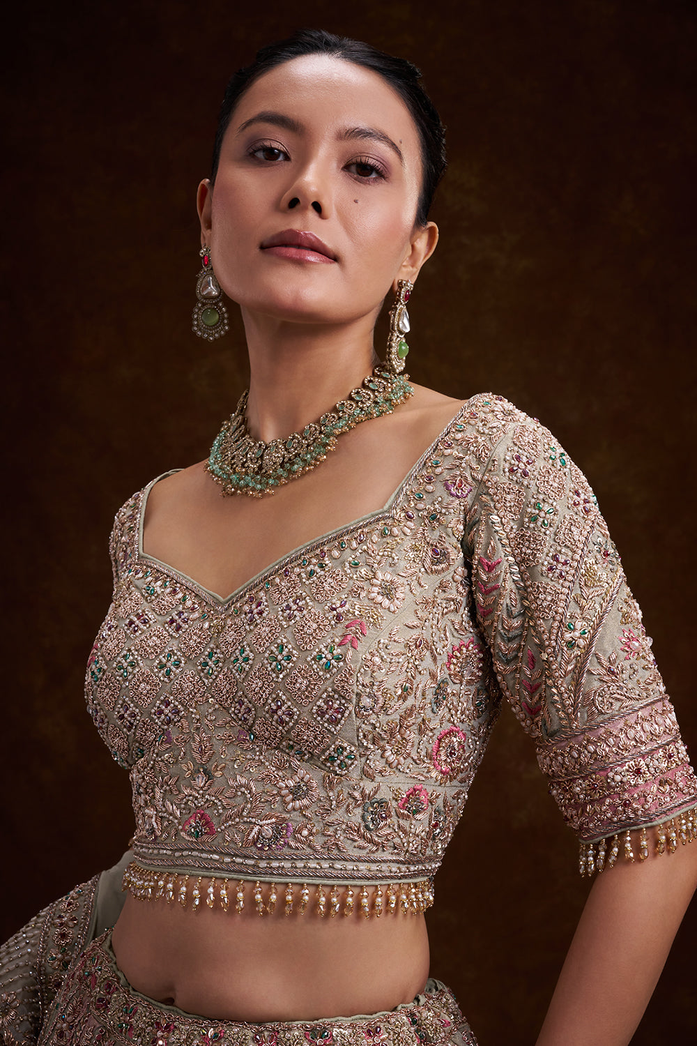 Grey Tissue Silk Bridal Lehenga with French Knots and Resham Work