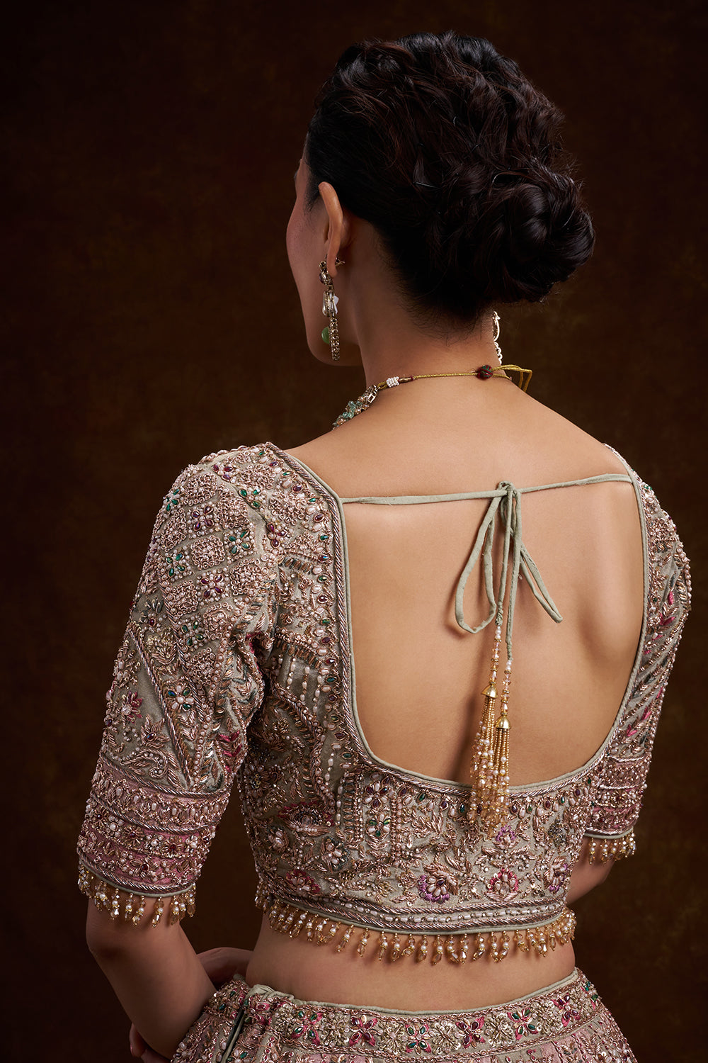 Grey Tissue Silk Bridal Lehenga with French Knots and Resham Work