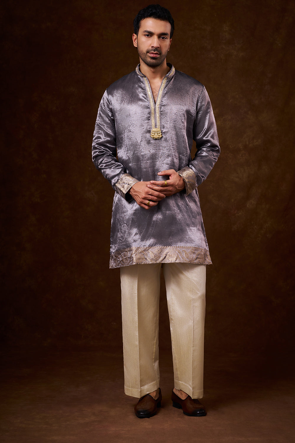 Grey Tissue Silk Men's Kurta Set with Lace Detailing