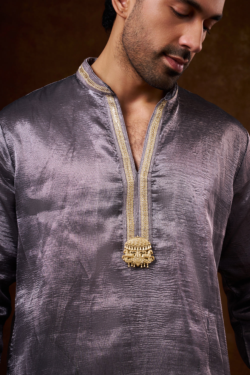 Grey Tissue Silk Men's Kurta Set with Lace Detailing