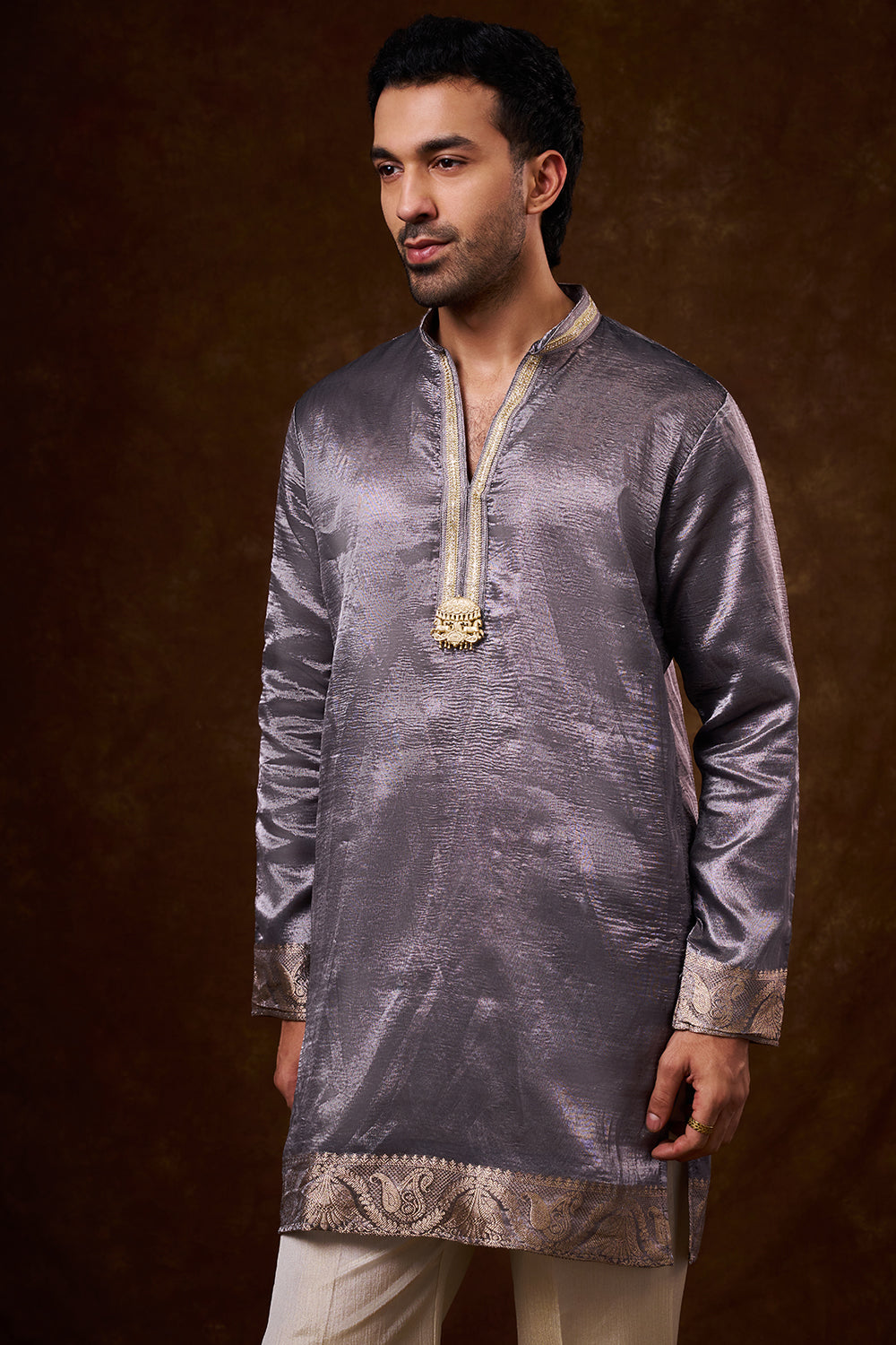 Grey Tissue Silk Men's Kurta Set with Lace Detailing
