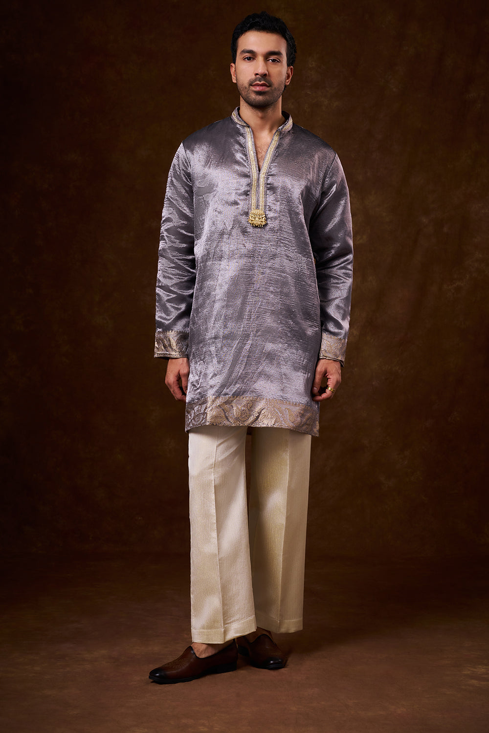 Grey Tissue Silk Men's Kurta Set with Lace Detailing