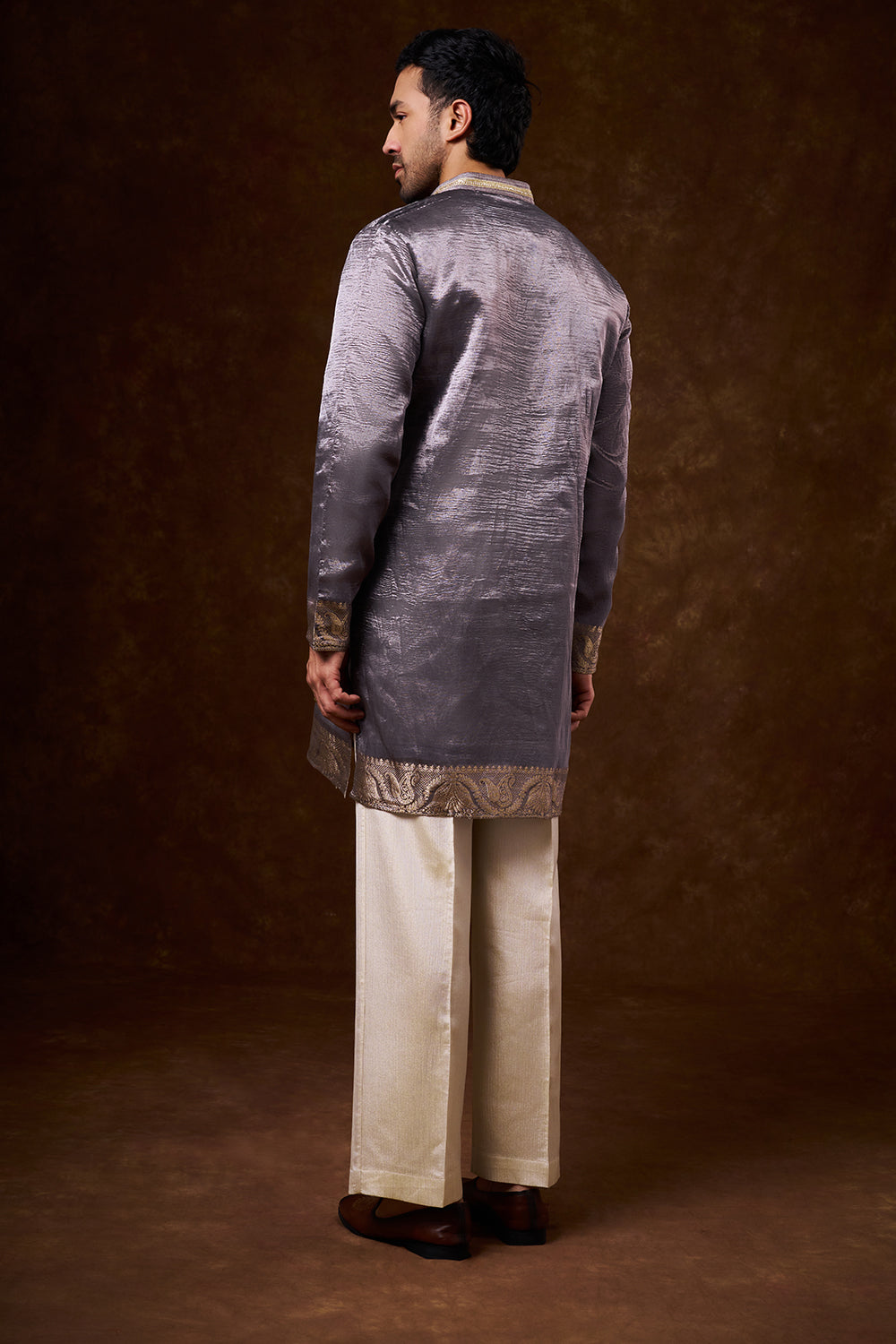 Grey Tissue Silk Men's Kurta Set with Lace Detailing