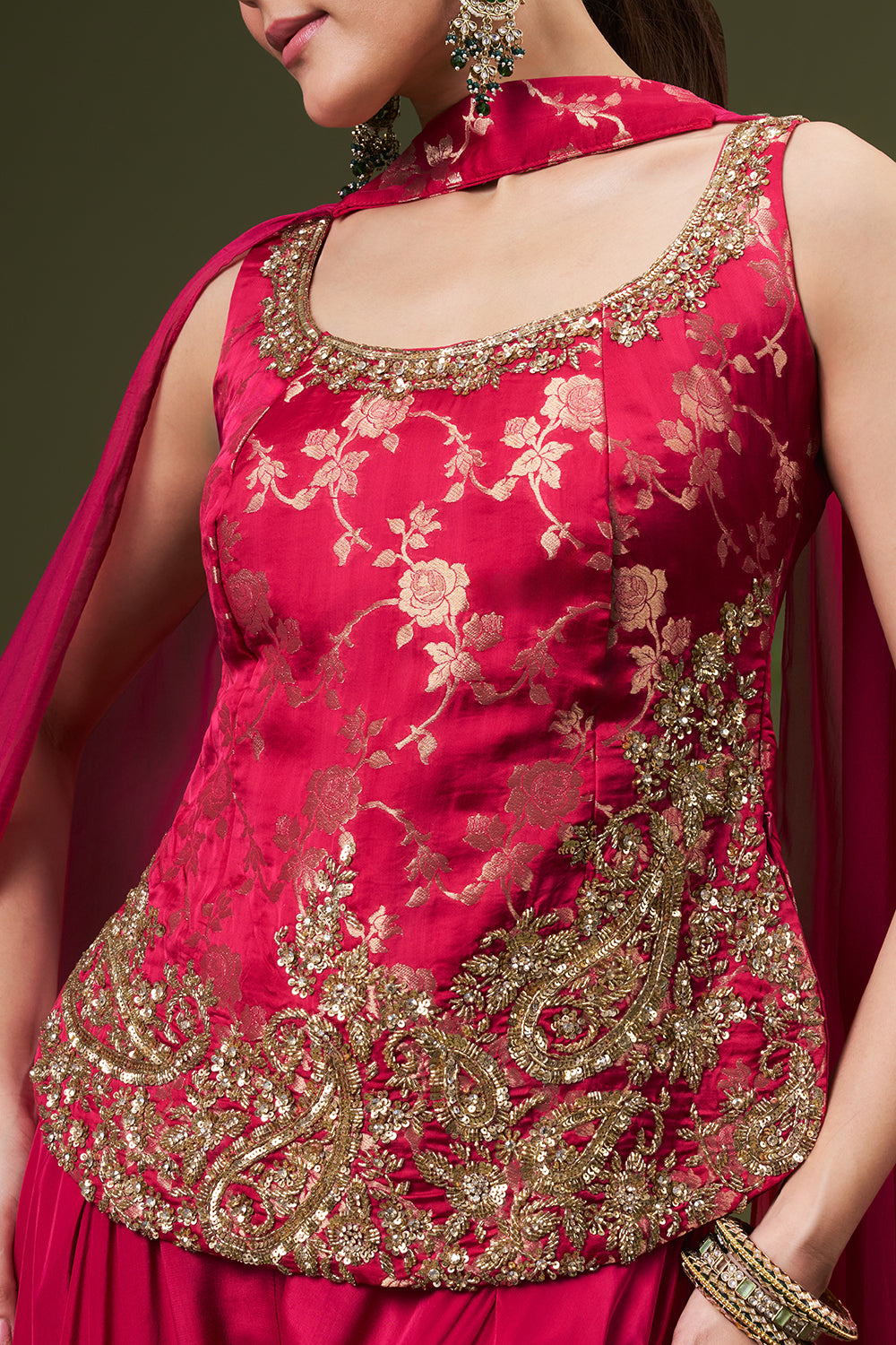 Hot Pink Banarasi Silk Palazzo Suit with Cutdana and Sequin Work