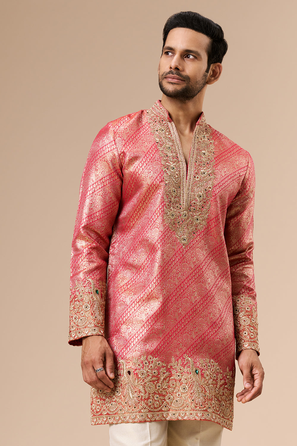 Hot Pink Brocade Silk Mens Kurta Set with Zari Work