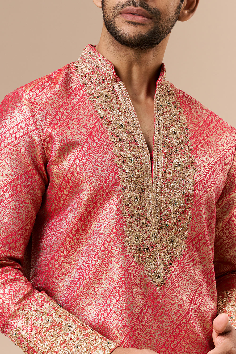 Hot Pink Brocade Silk Mens Kurta Set with Zari Work