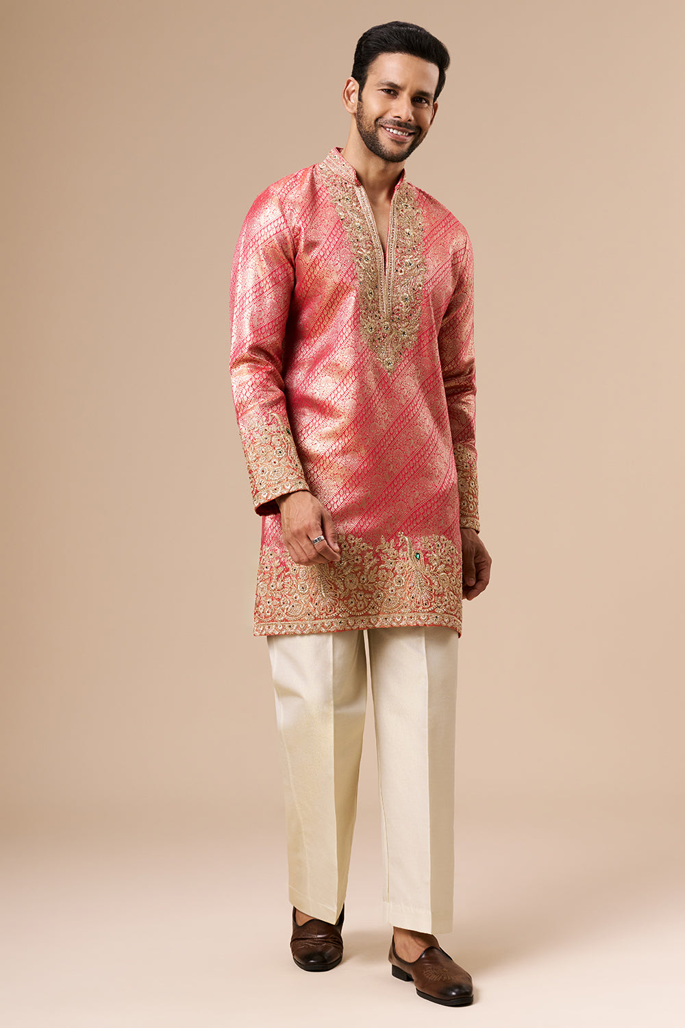 Hot Pink Brocade Silk Mens Kurta Set with Zari Work