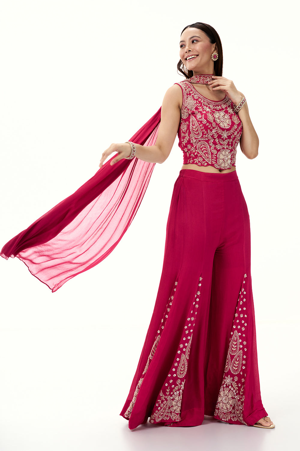 Hot Pink Chinon Crop Top and Palazzo Set with Handwork