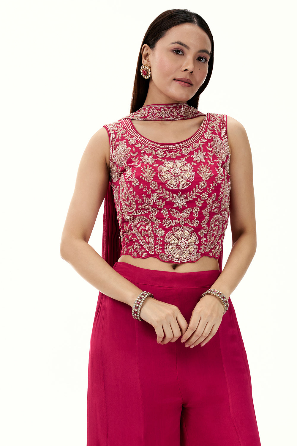 Hot Pink Chinon Crop Top and Palazzo Set with Handwork