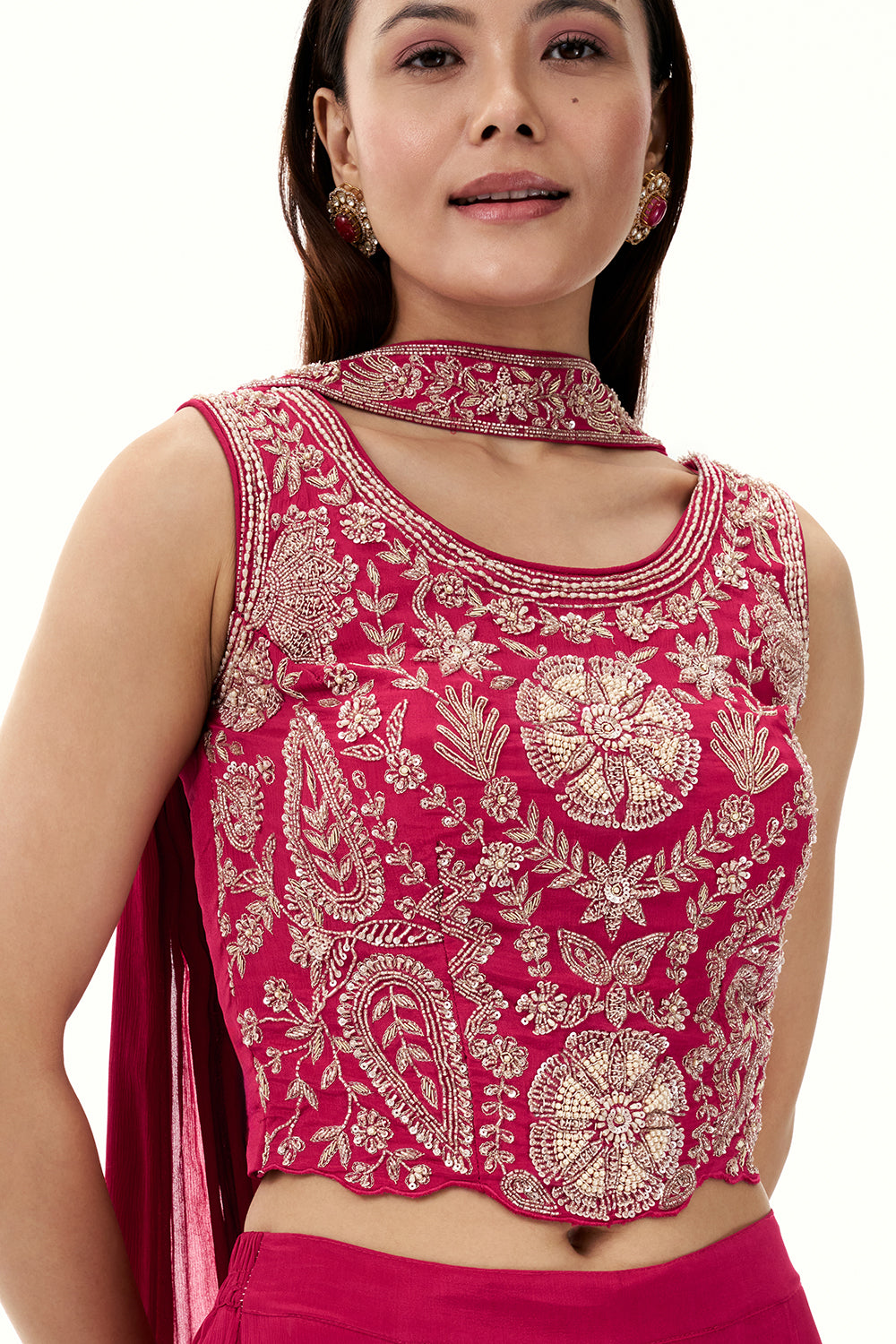 Hot Pink Chinon Crop Top and Palazzo Set with Handwork