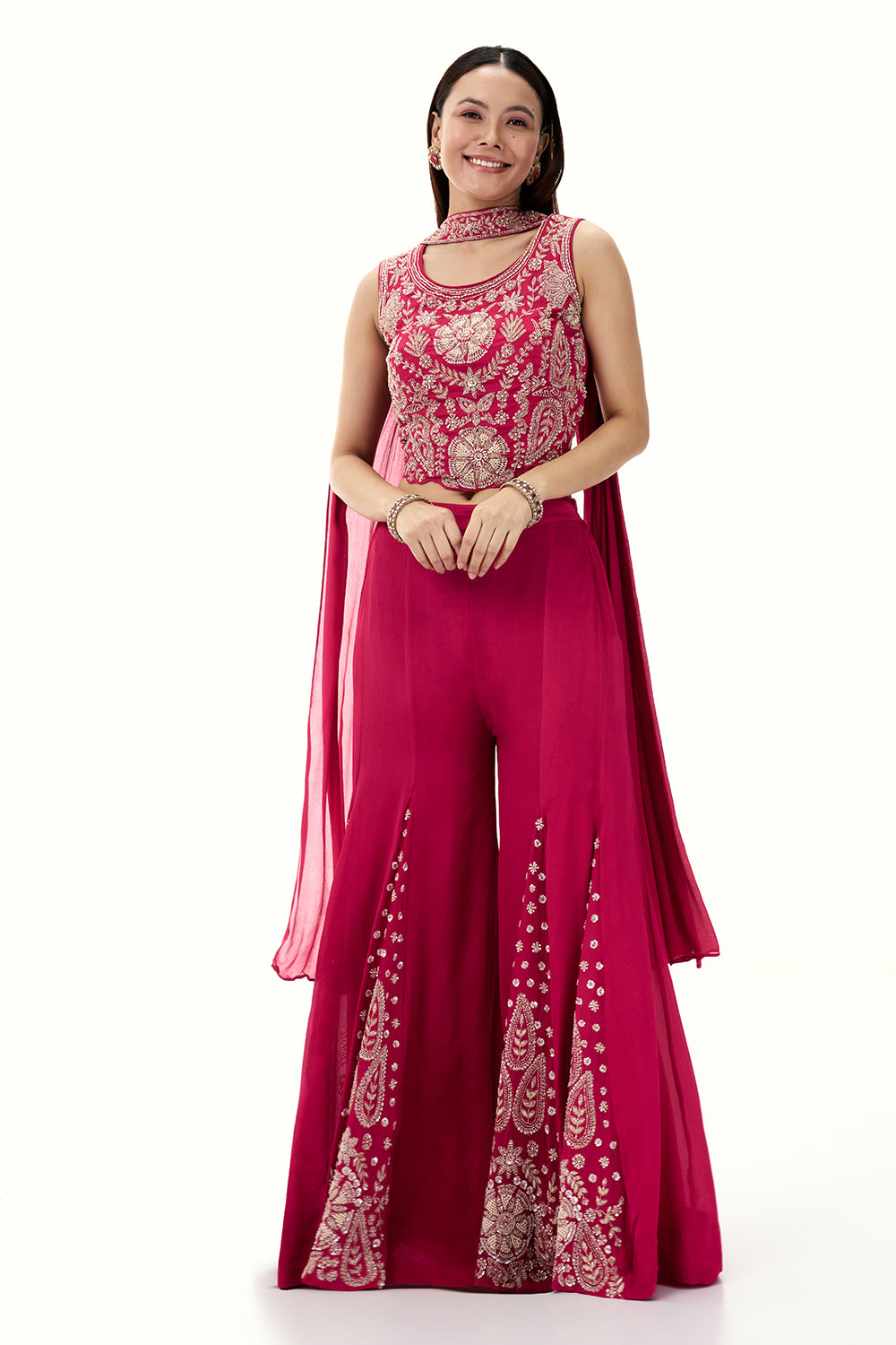 Hot Pink Chinon Crop Top and Palazzo Set with Handwork