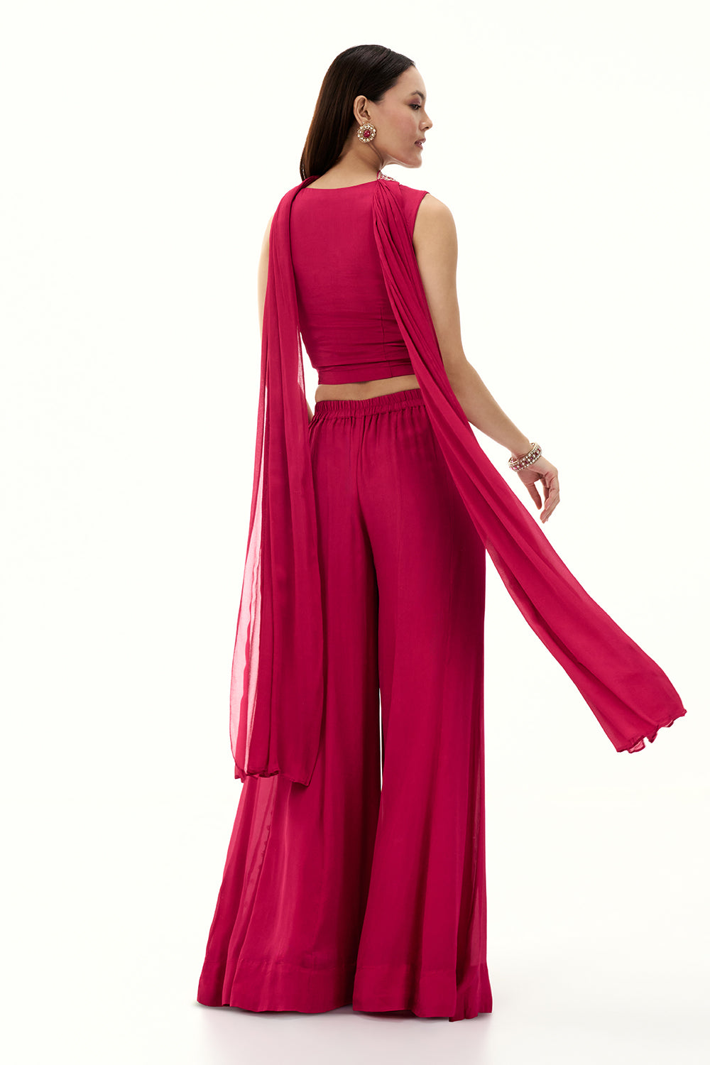 Hot Pink Chinon Crop Top and Palazzo Set with Handwork