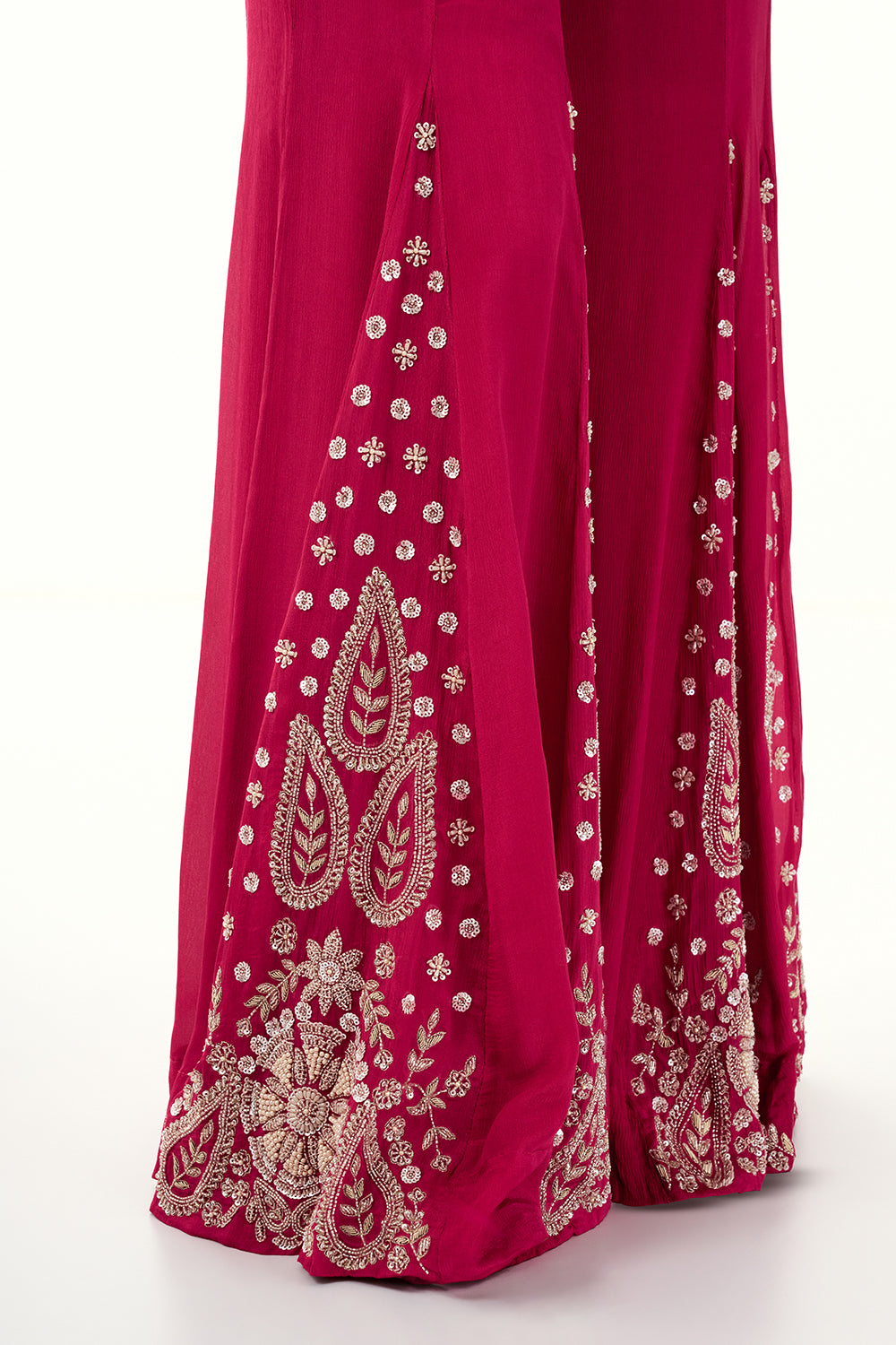Hot Pink Chinon Crop Top and Palazzo Set with Handwork