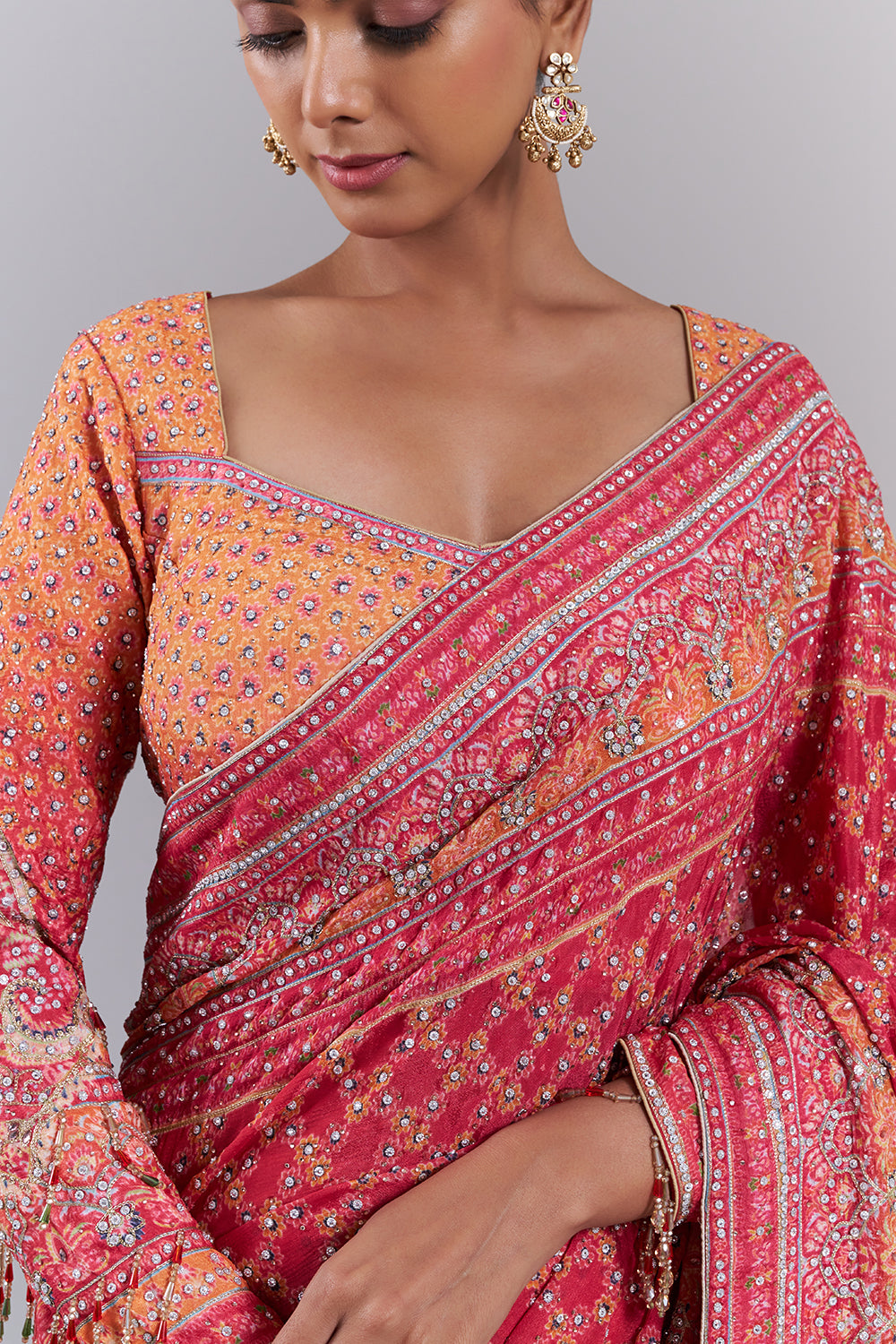 Hot Pink Crepe Embellished Saree And Stitched Blouse