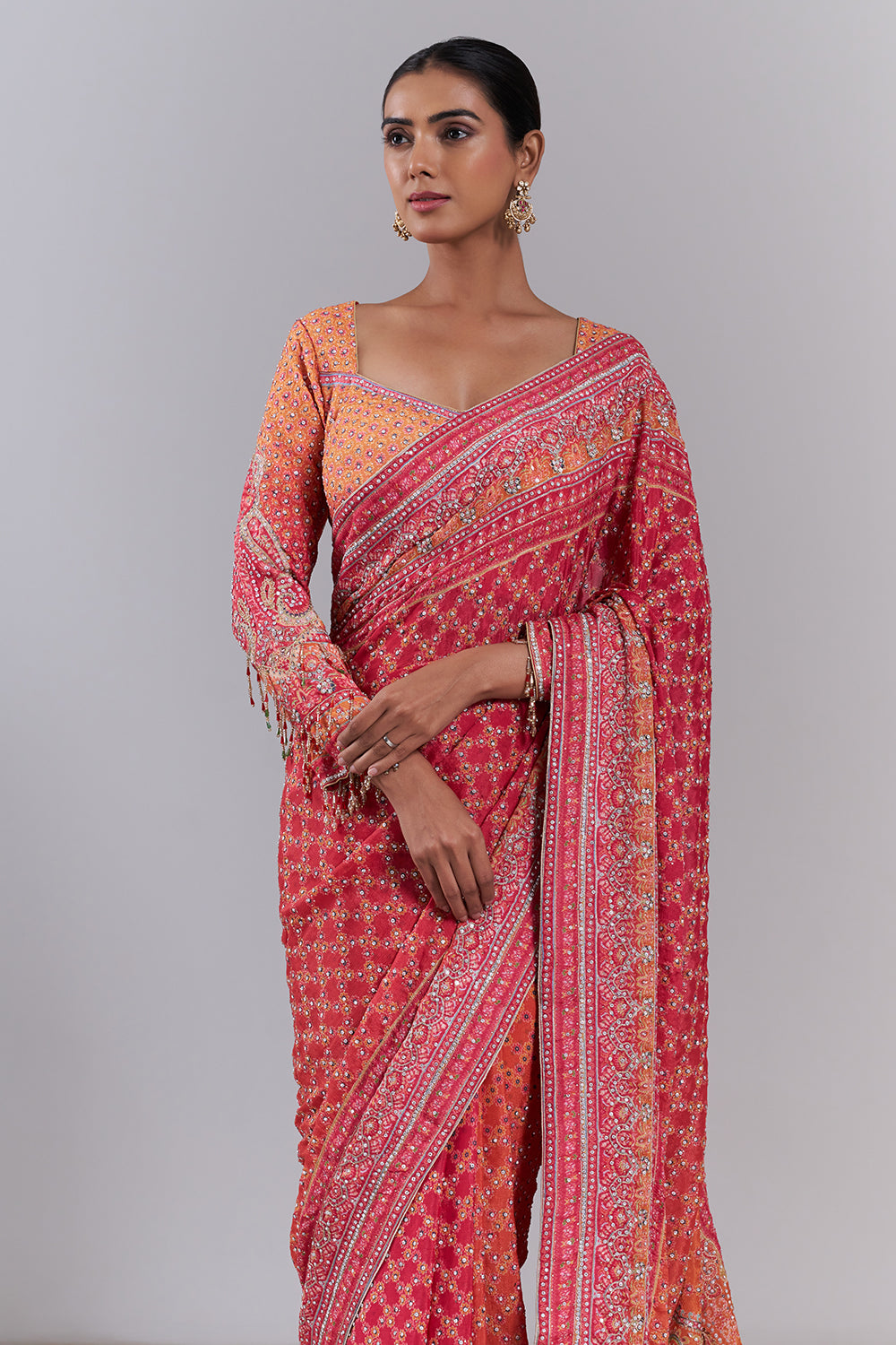 Hot Pink Crepe Embellished Saree And Stitched Blouse
