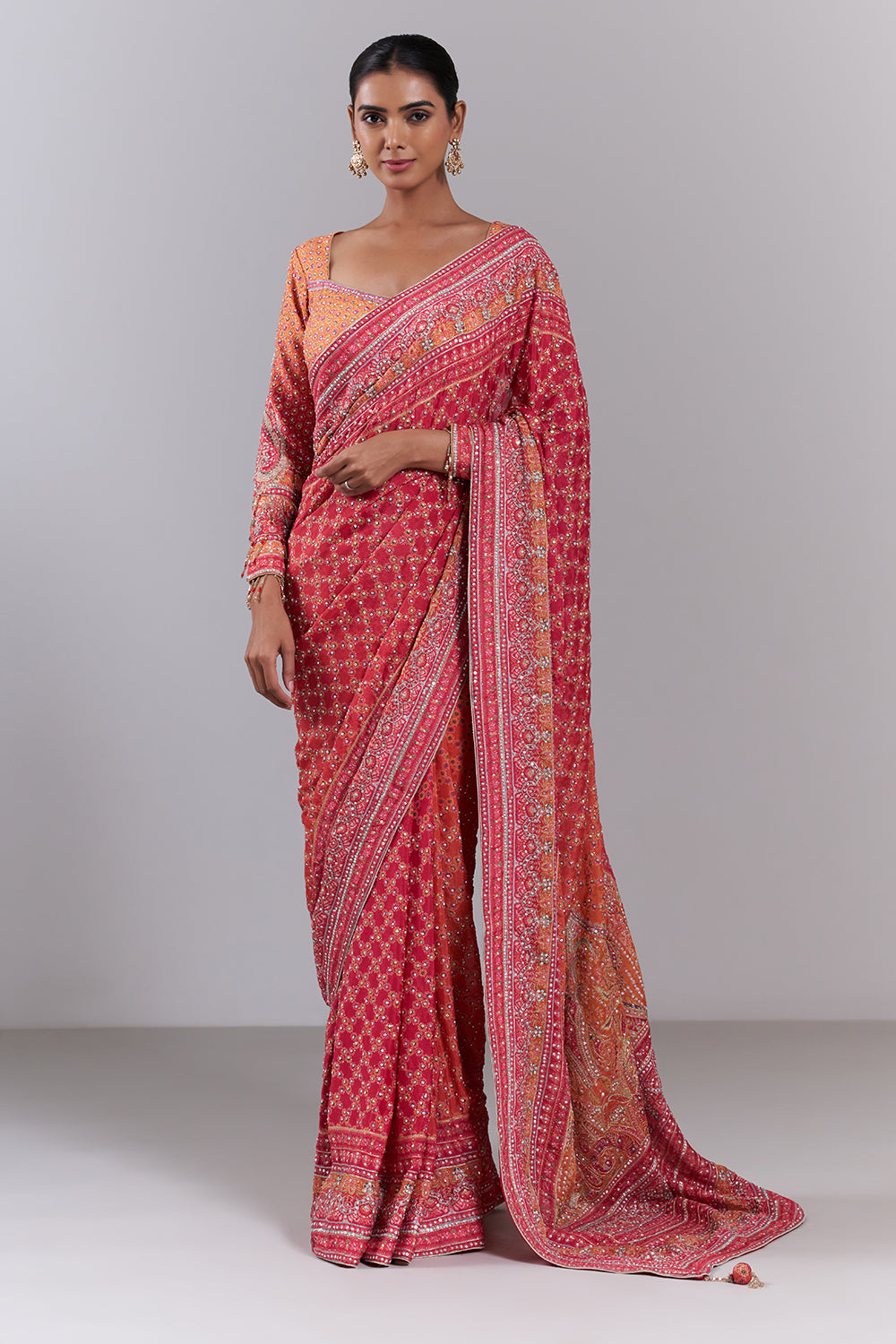 Hot Pink Crepe Embellished Saree And Stitched Blouse