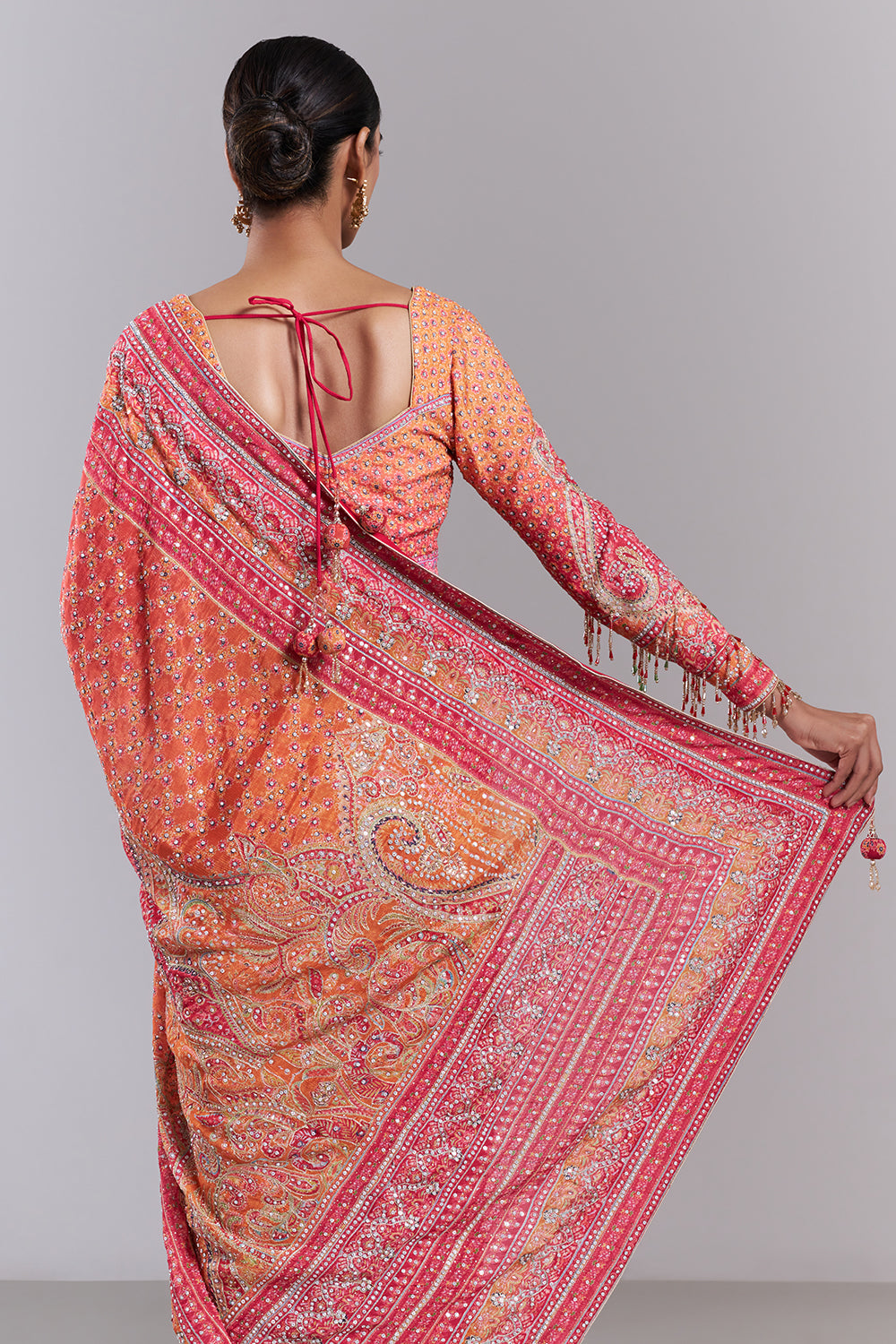 Hot Pink Crepe Embellished Saree And Stitched Blouse