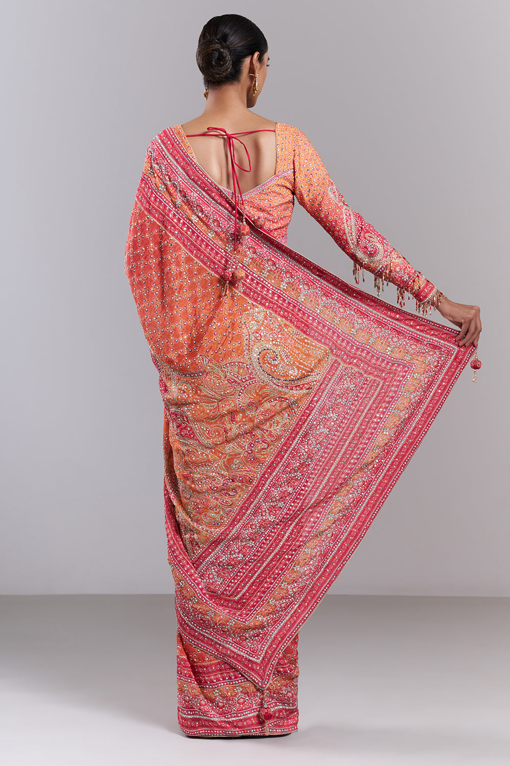Hot Pink Crepe Embellished Saree And Stitched Blouse
