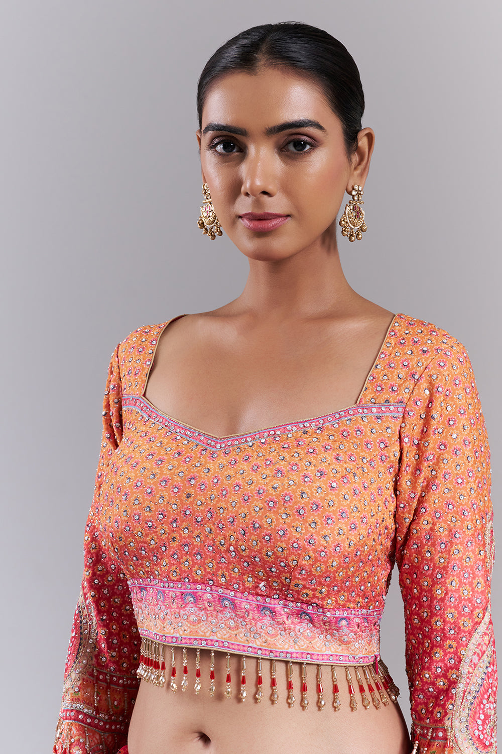 Hot Pink Crepe Embellished Saree And Stitched Blouse