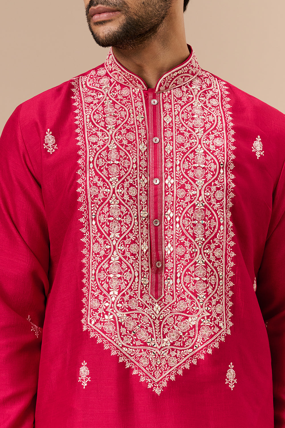 Hot Pink Georgette Mens Kurta Set with Zari and Sequin Work