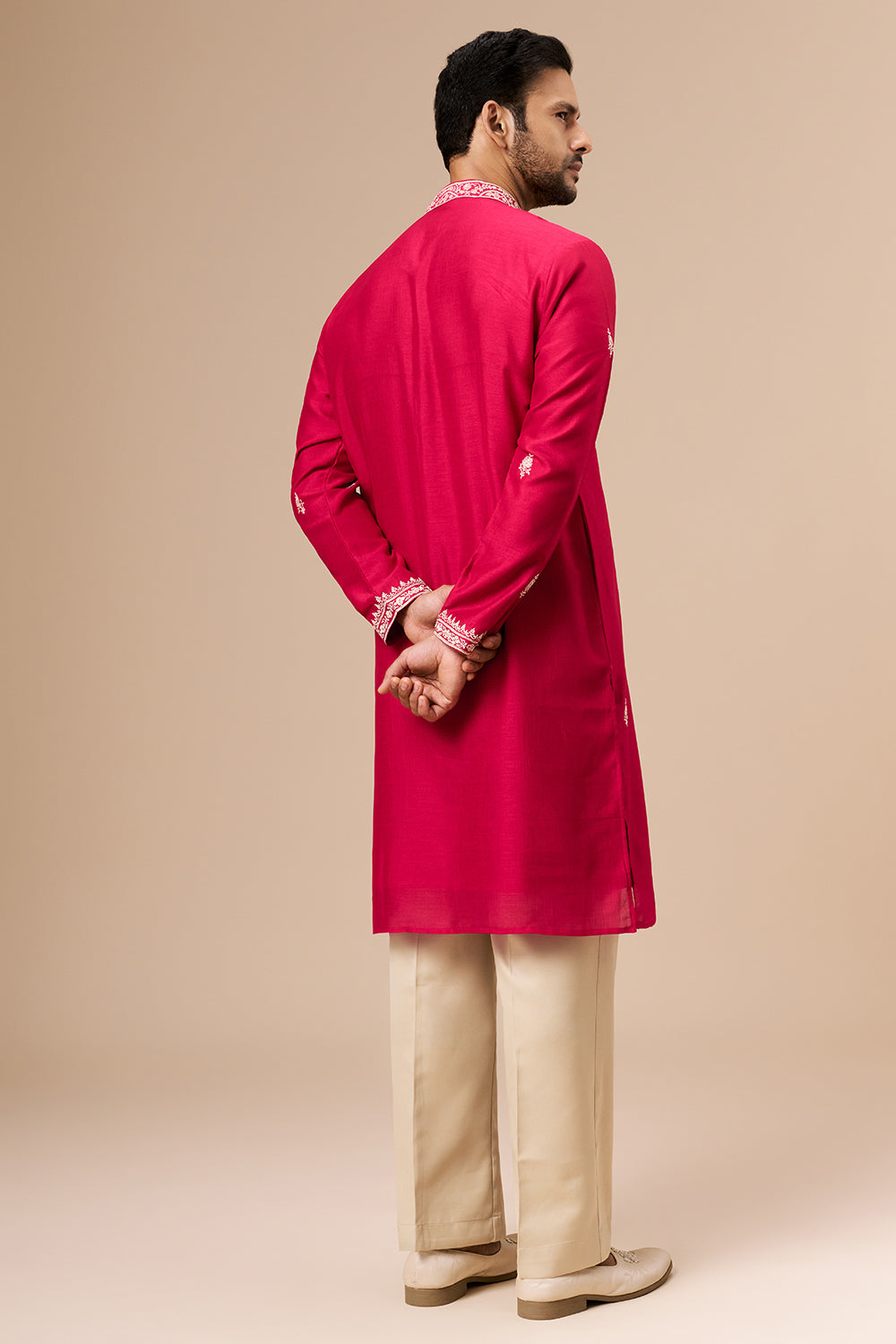 Hot Pink Georgette Mens Kurta Set with Zari and Sequin Work