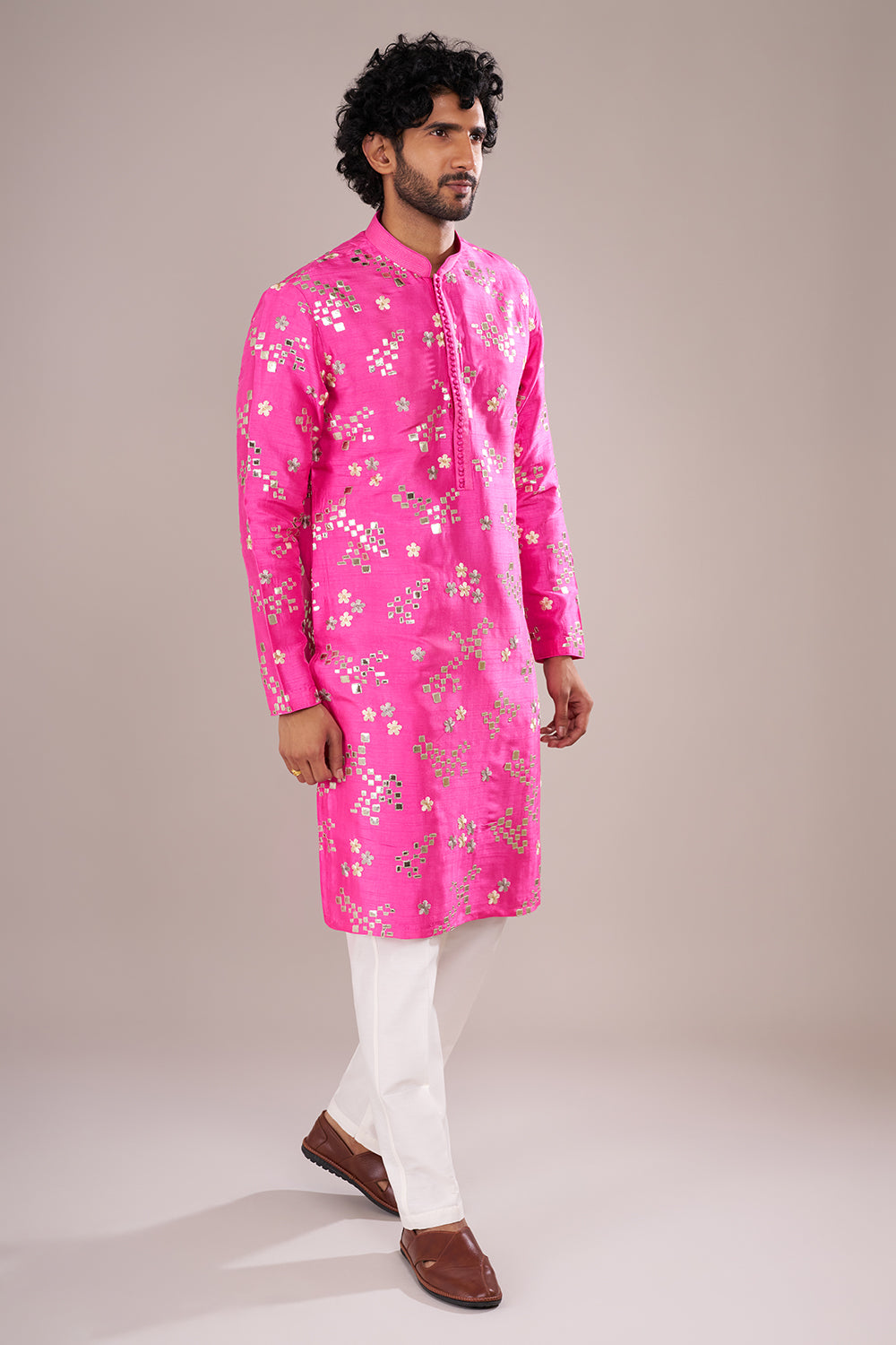 Hot Pink Men's Cotton Silk Kurta Set with Mirror Embroidery