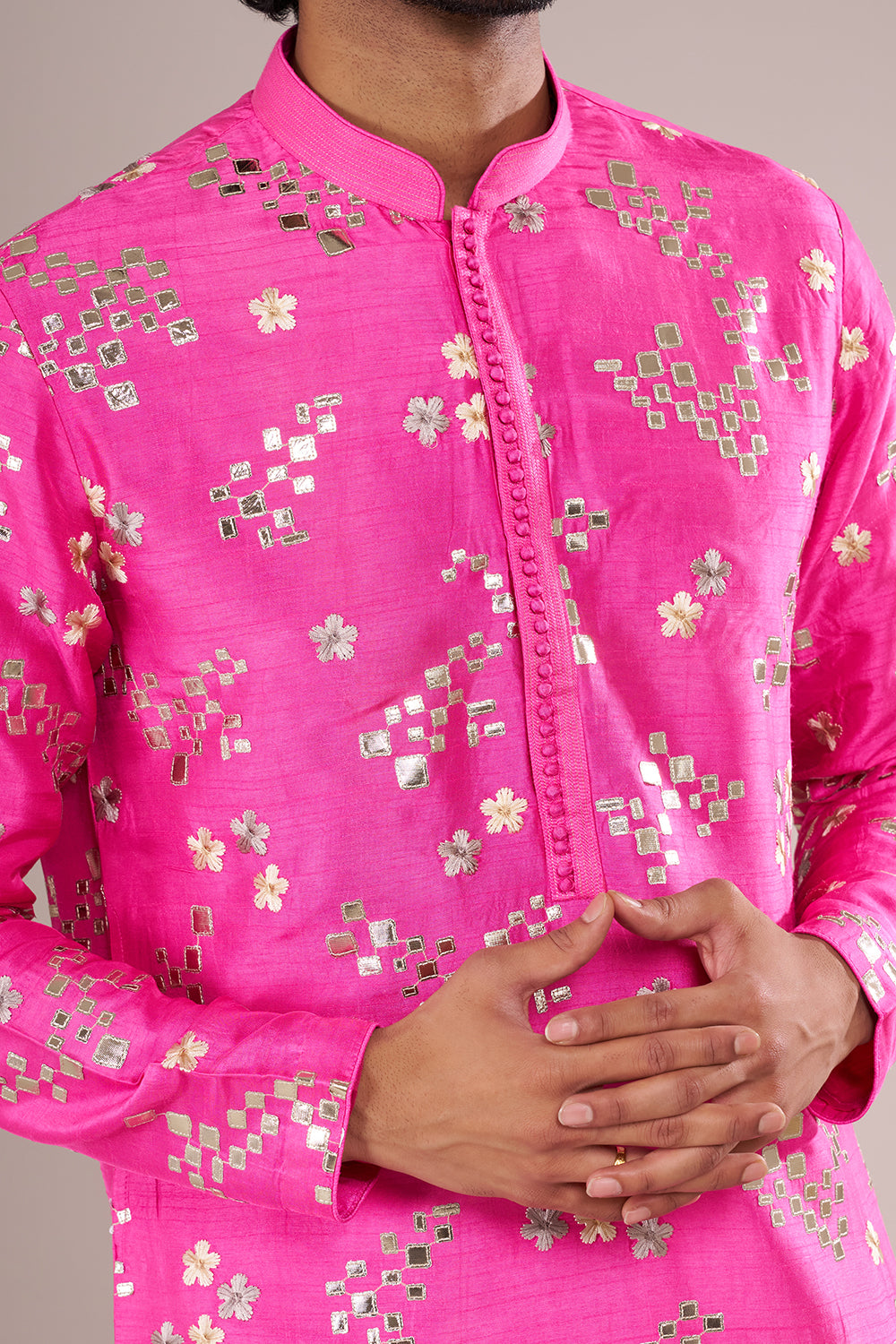 Hot Pink Men's Cotton Silk Kurta Set with Mirror Embroidery