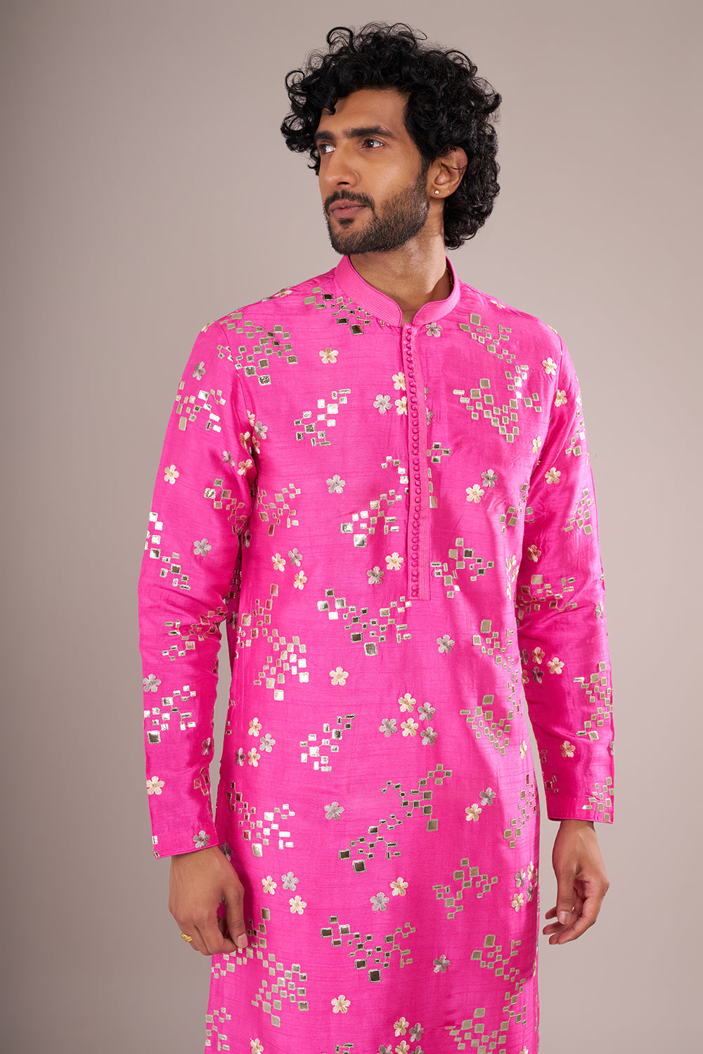 Hot Pink Men's Cotton Silk Kurta Set with Mirror Embroidery