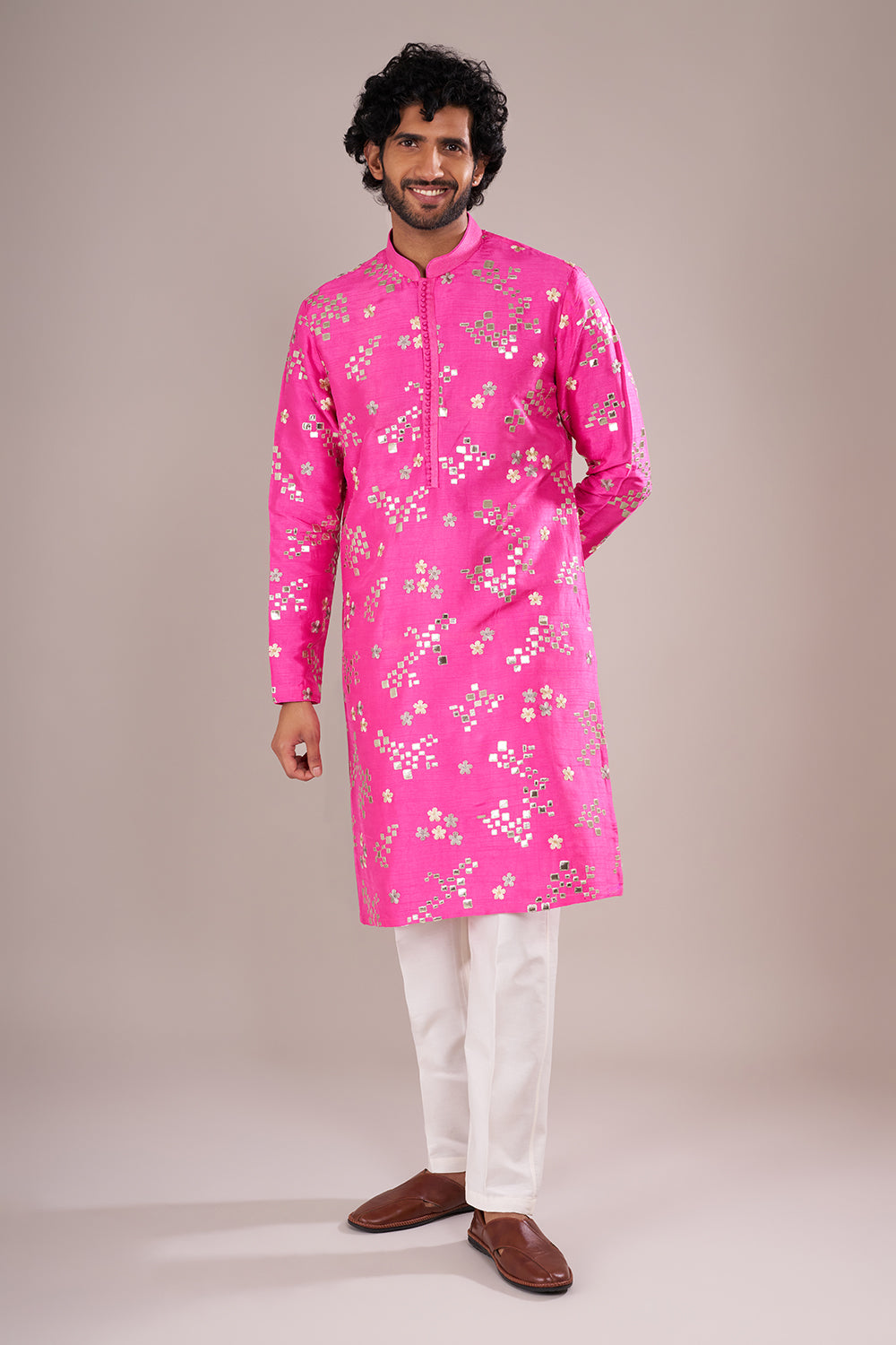 Hot Pink Men's Cotton Silk Kurta Set with Mirror Embroidery