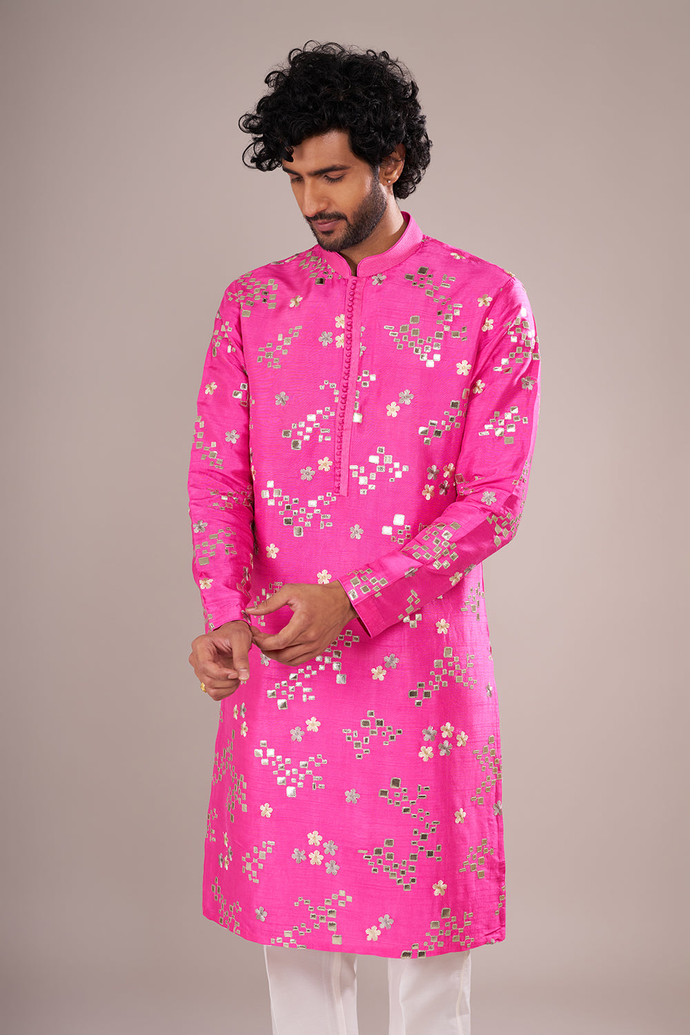 Hot Pink Men's Cotton Silk Kurta Set with Mirror Embroidery
