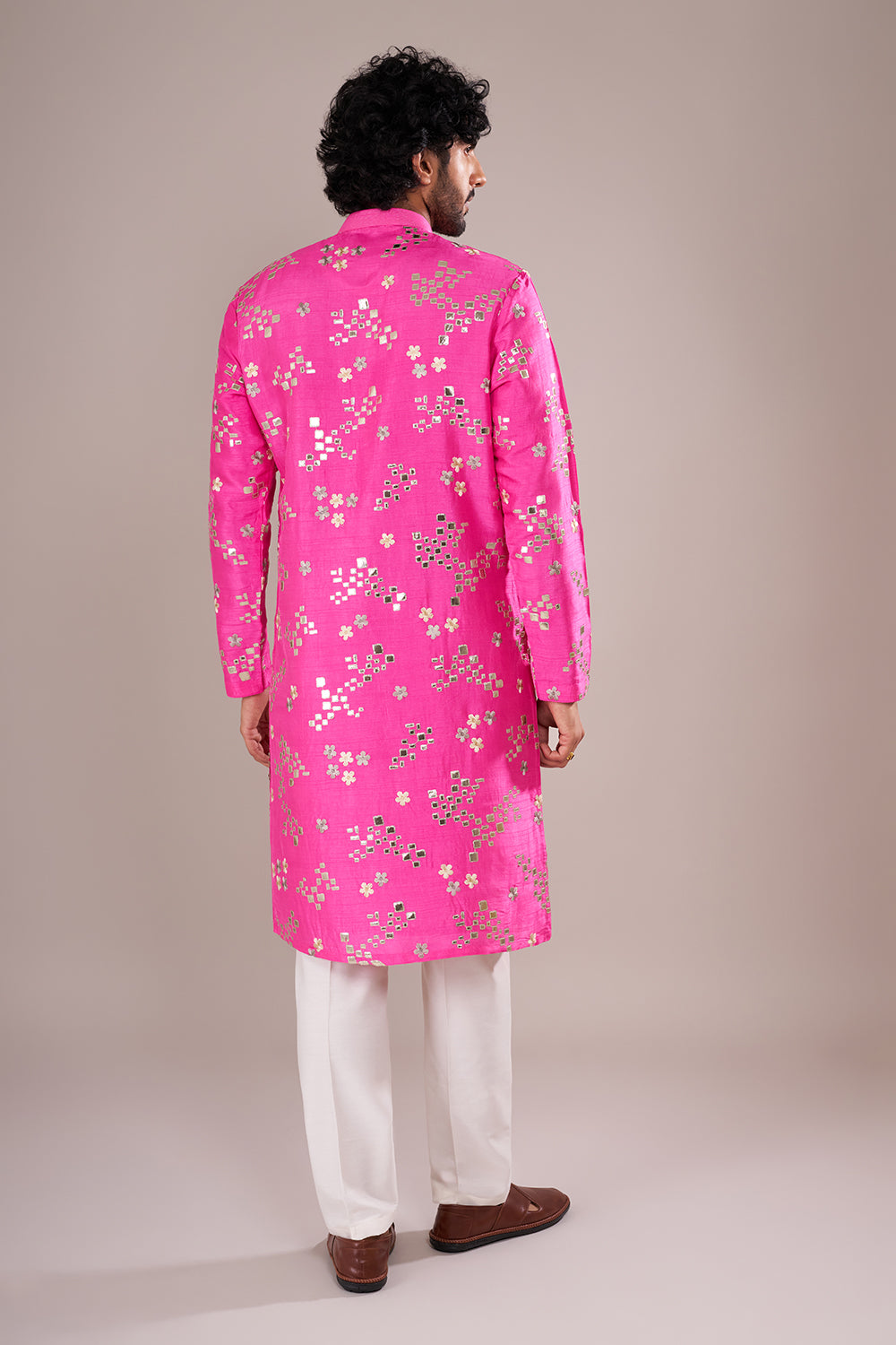 Hot Pink Men's Cotton Silk Kurta Set with Mirror Embroidery