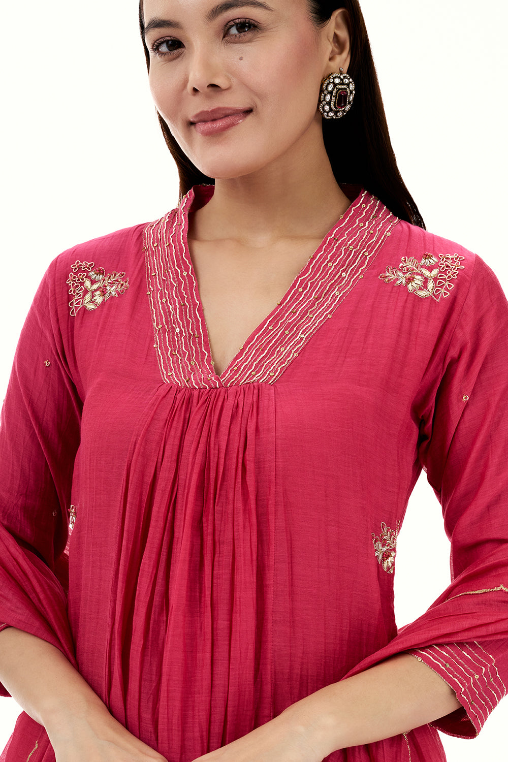 Hot Pink Mul Cotton Kurta Set with Zardosi and Bead Work