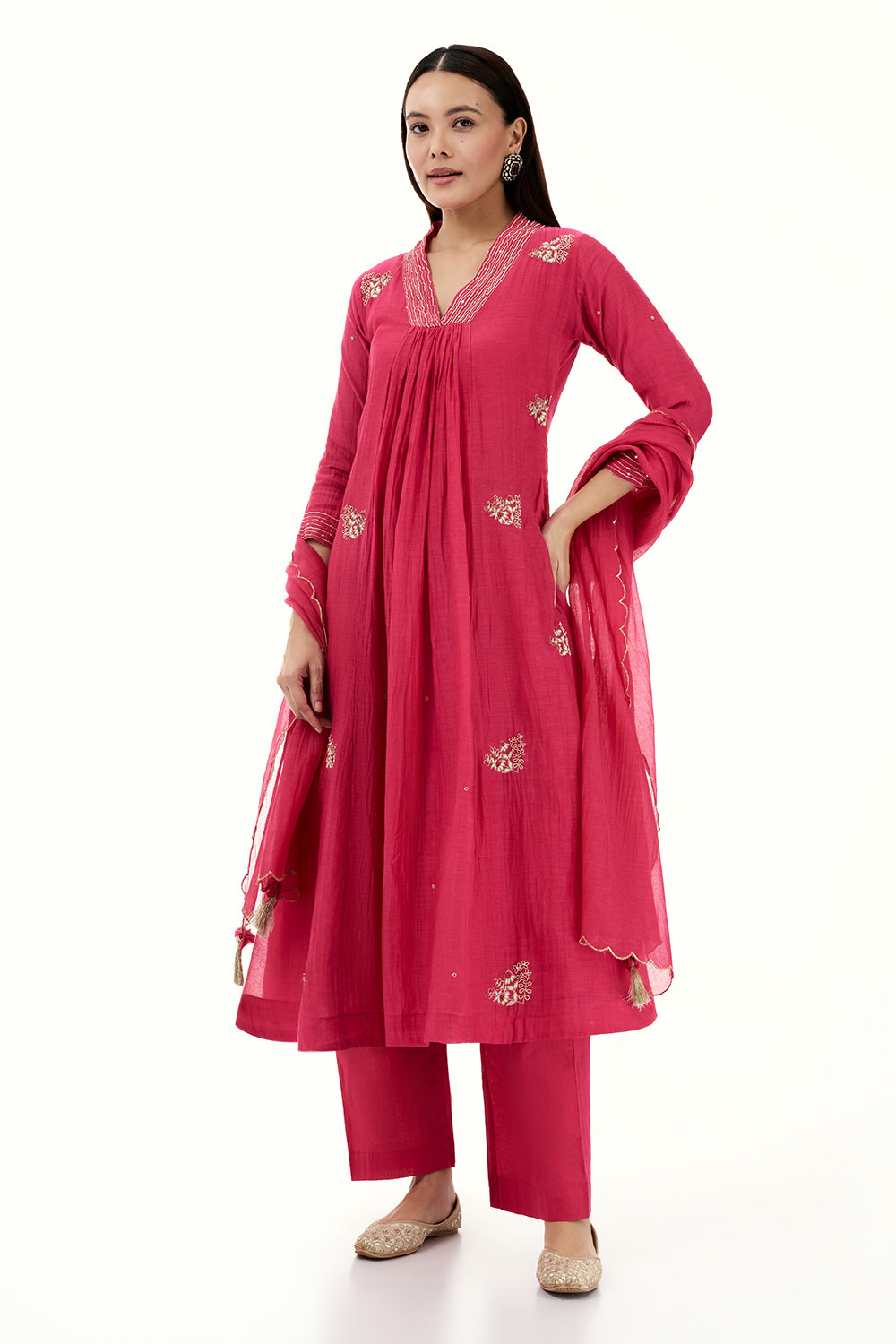 Hot Pink Mul Cotton Kurta Set with Zardosi and Bead Work