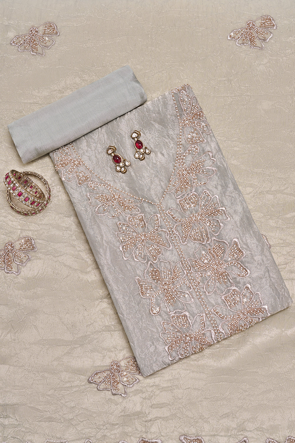 Ice Blue Floral Embroidered Unstitched Suit Set