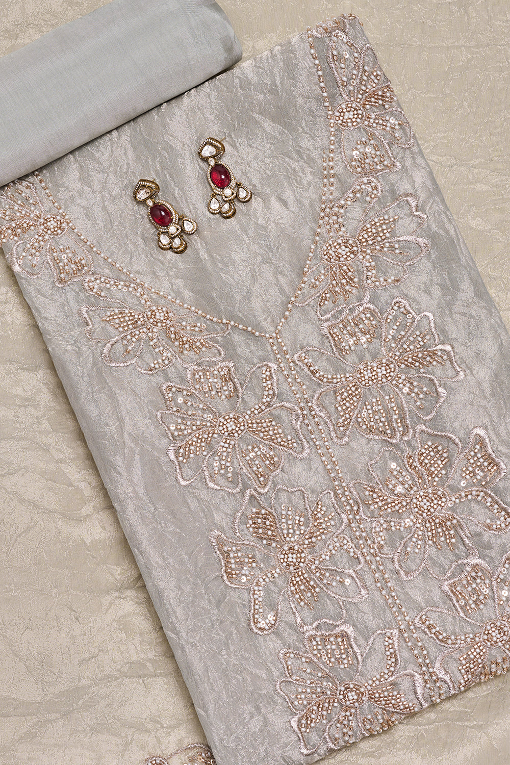 Ice Blue Floral Embroidered Unstitched Suit Set