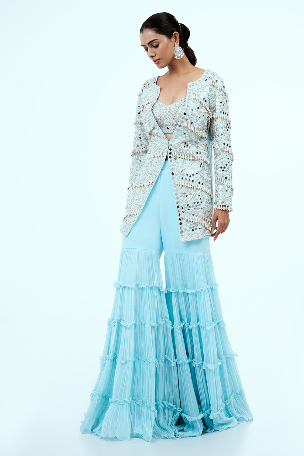 Ice Blue Raw Silk Palazzo Suit with Mirror Work