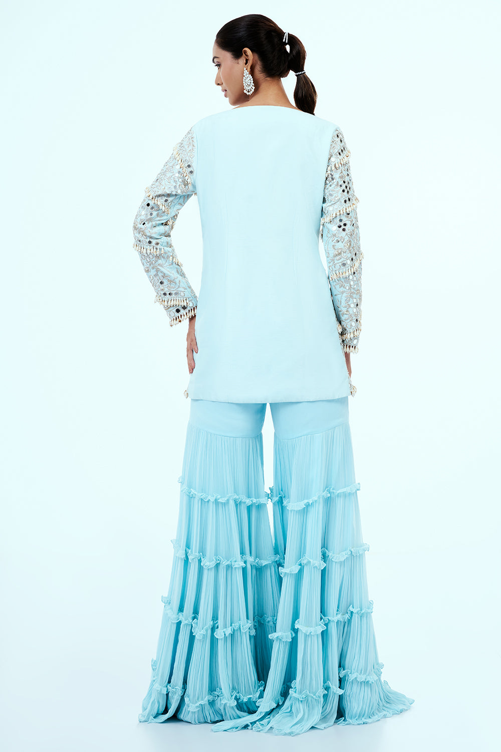 Ice Blue Raw Silk Palazzo Suit with Mirror Work