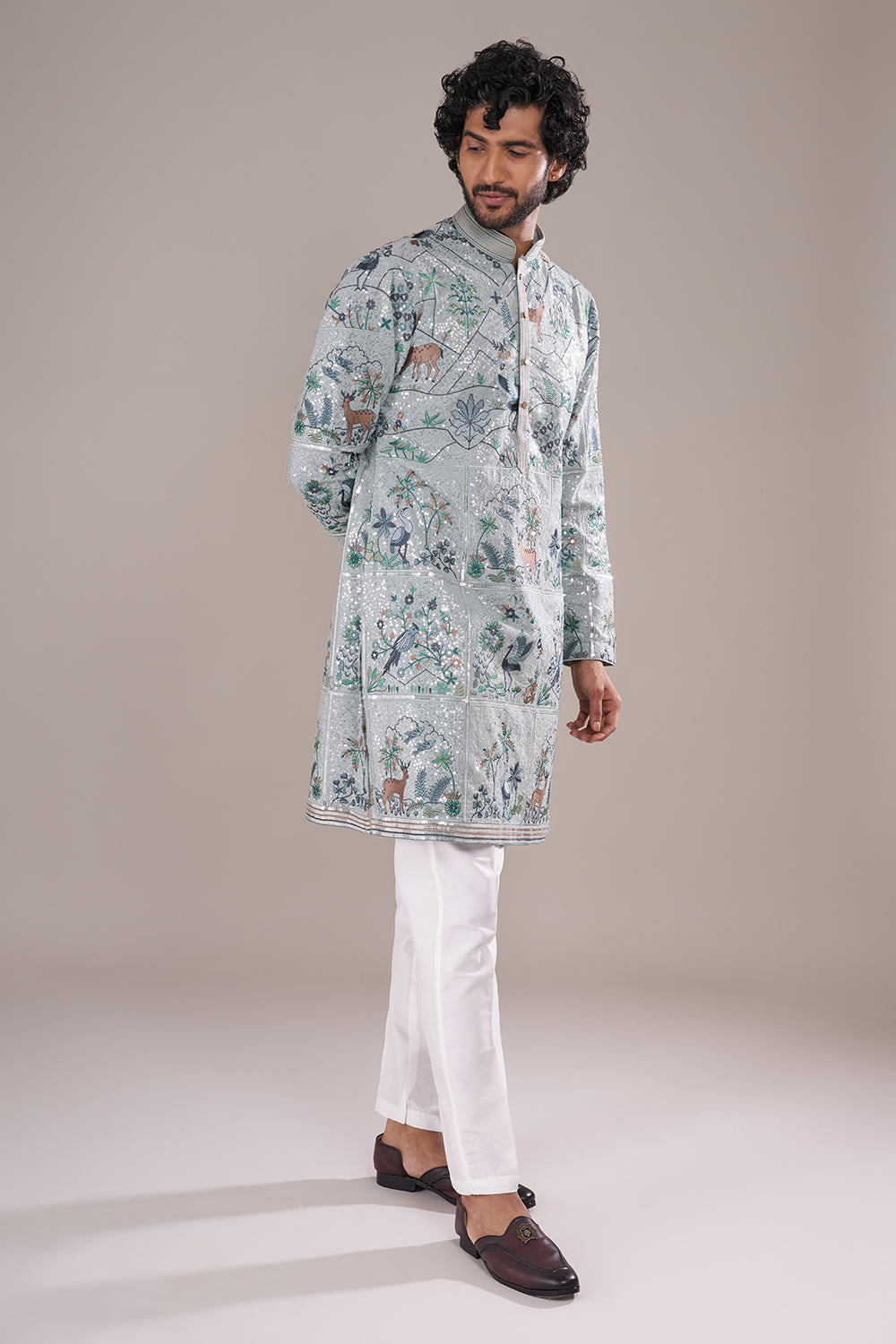 Ice Blue Silk Men's Kurta Set with Forest Motifs