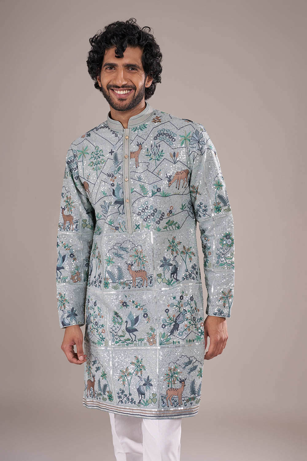 Ice Blue Silk Men's Kurta Set with Forest Motifs