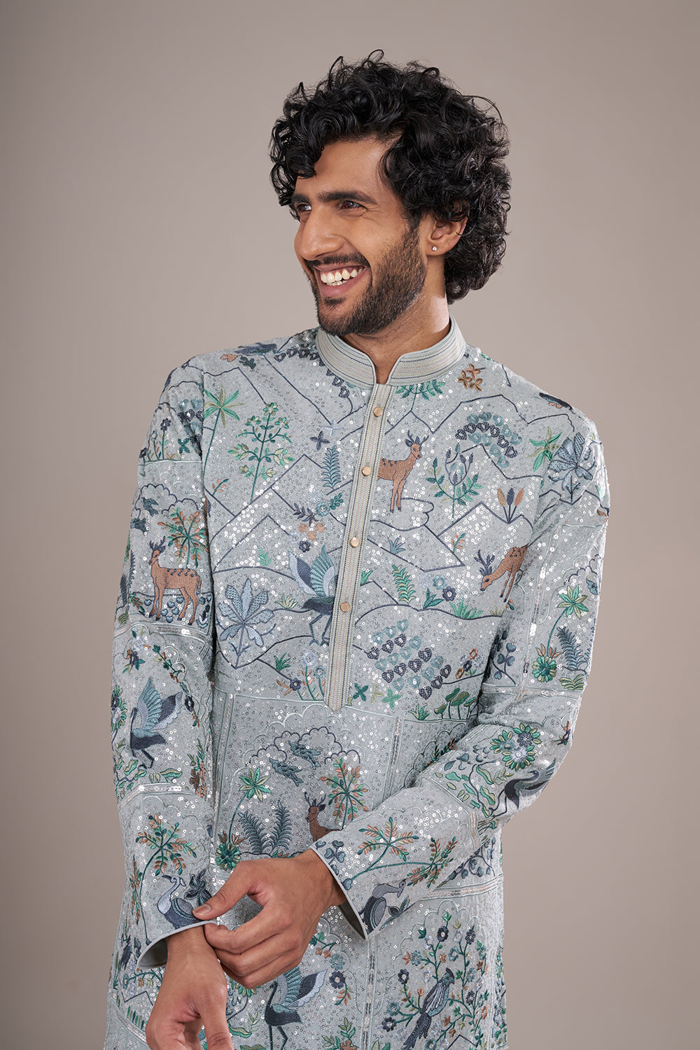 Ice Blue Silk Men's Kurta Set with Forest Motifs