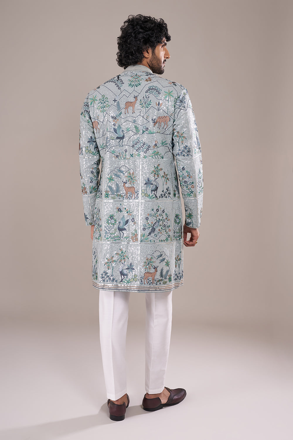 Ice Blue Silk Men's Kurta Set with Forest Motifs