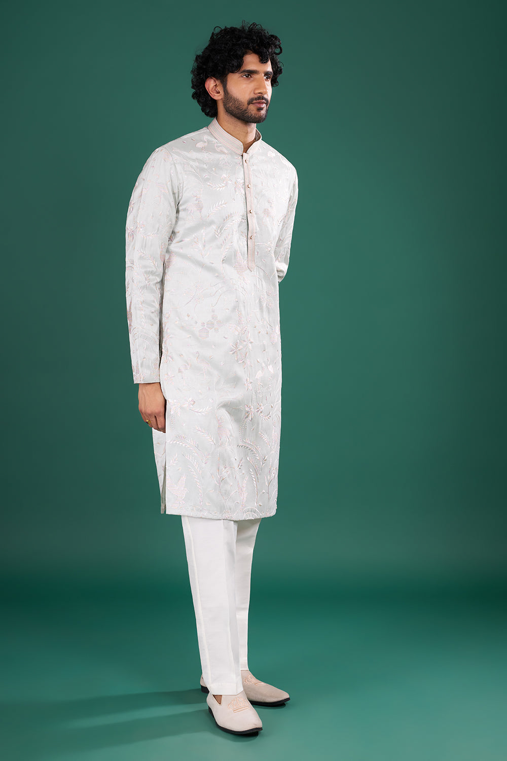 Ice Grey Men's Embroidered Silk Blend Kurta Set