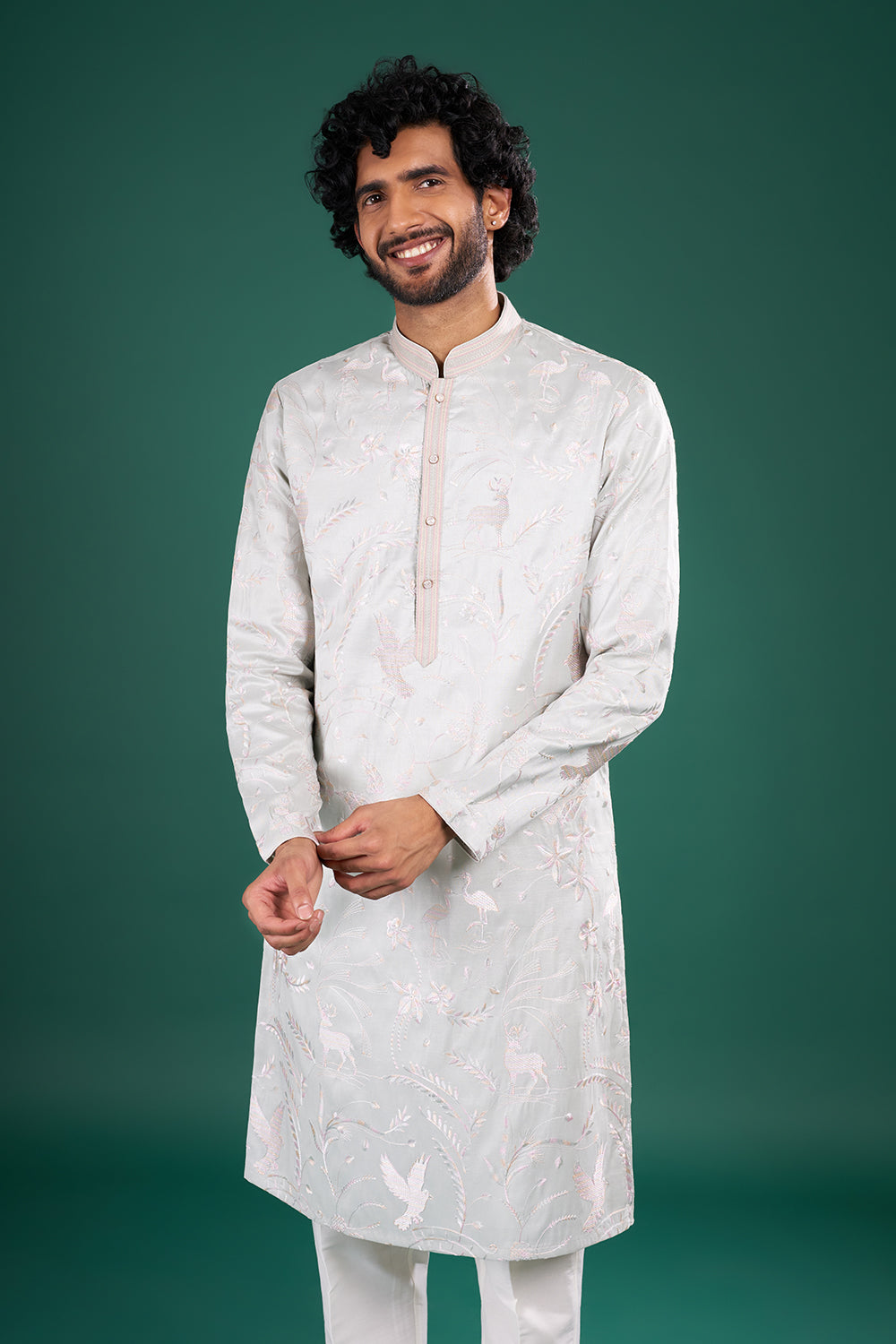 Ice Grey Men's Embroidered Silk Blend Kurta Set