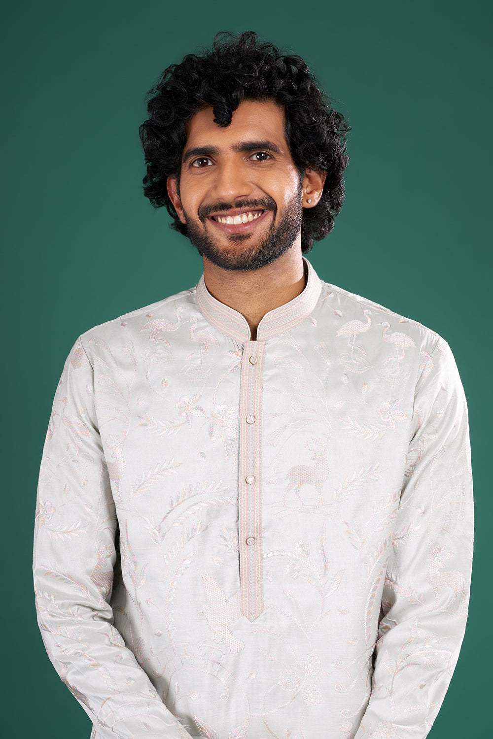 Ice Grey Men's Embroidered Silk Blend Kurta Set